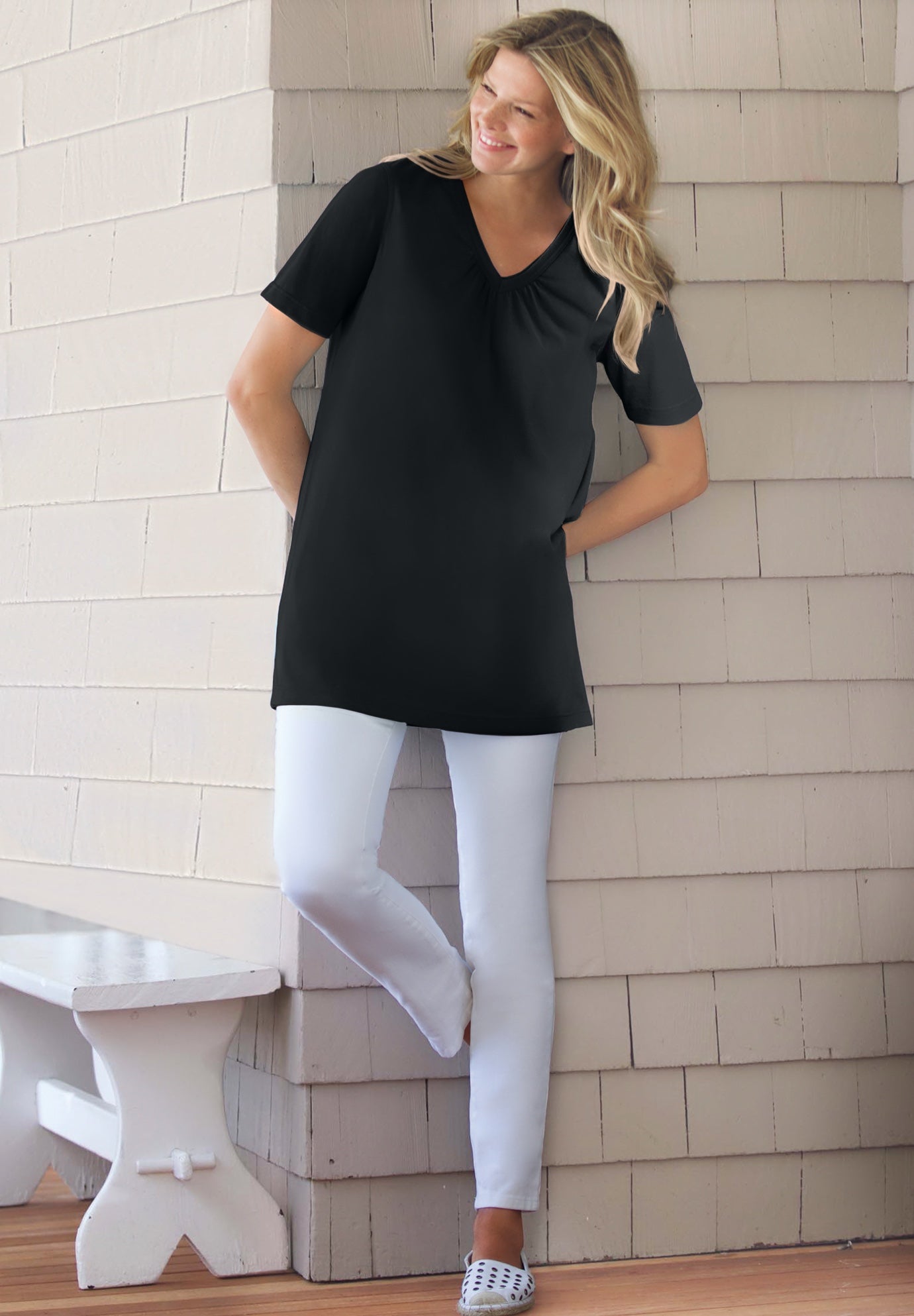 Perfect Short-Sleeve Shirred V-Neck Tunic image number 0