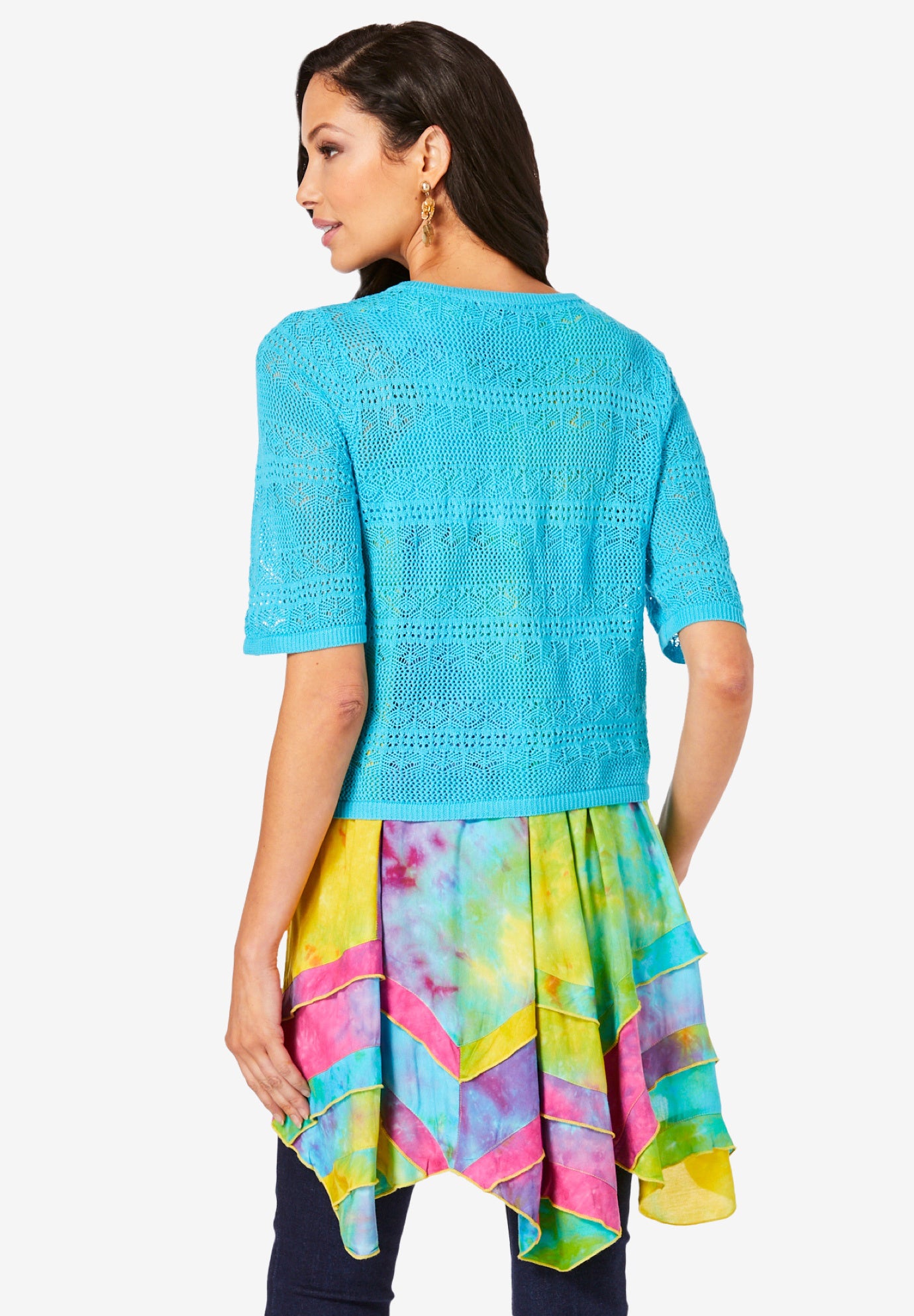 Cropped Pointelle Short Sleeve Cardigan Sweater image number 1