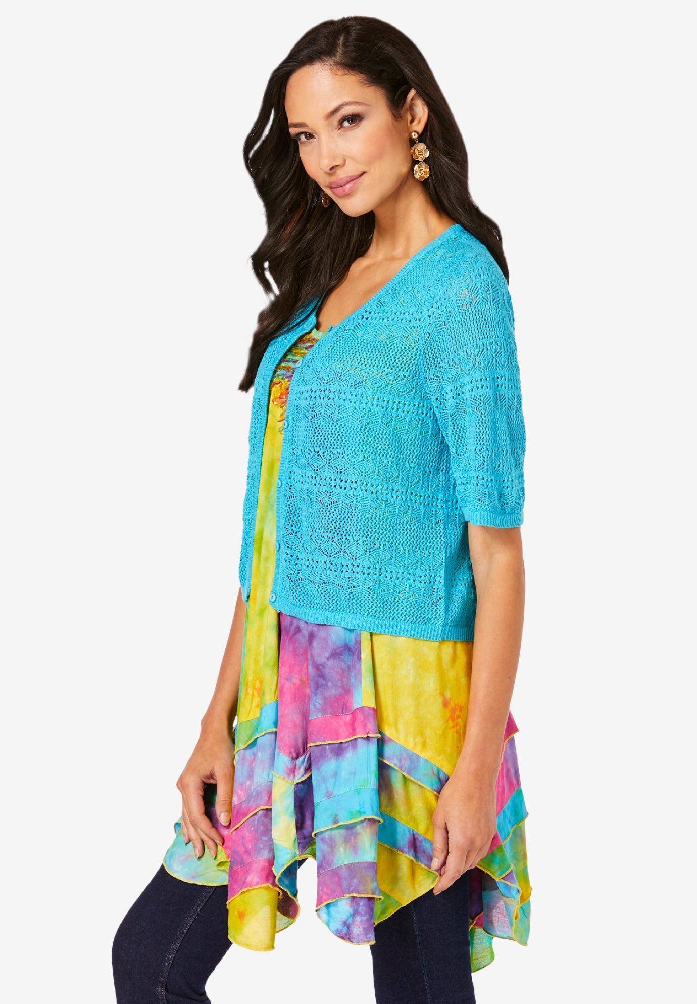 Cropped Pointelle Short Sleeve Cardigan Sweater image number 2