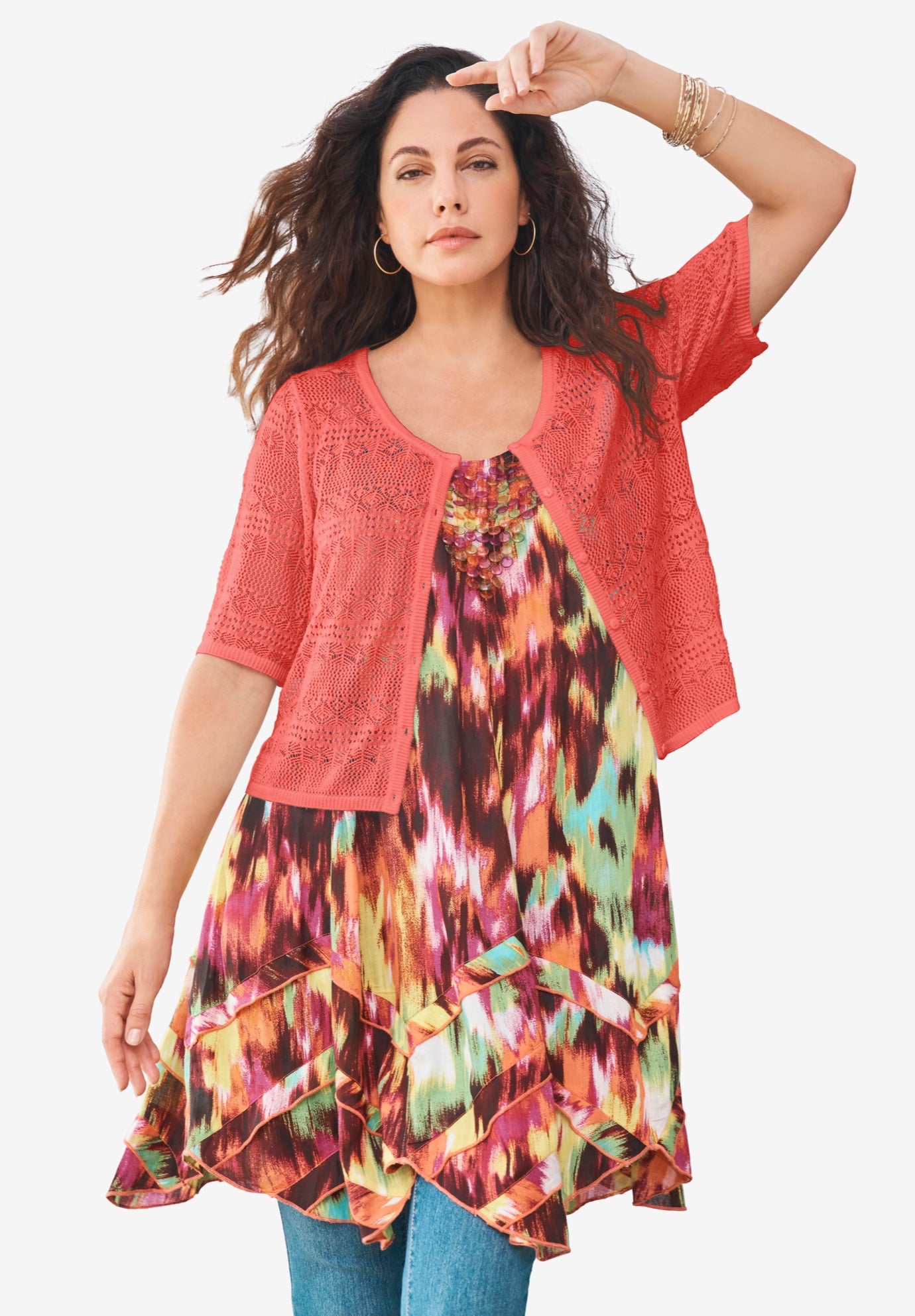 Cropped Pointelle Short Sleeve Cardigan Sweater image number 0