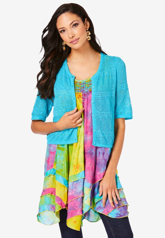 Cropped Pointelle Short Sleeve Cardigan Sweater image number 0