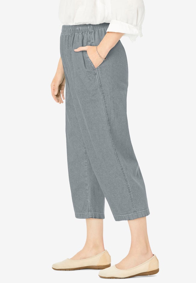 7-Day Elastic-Waist Pull-On Cotton Denim Capri Jeans image number 2