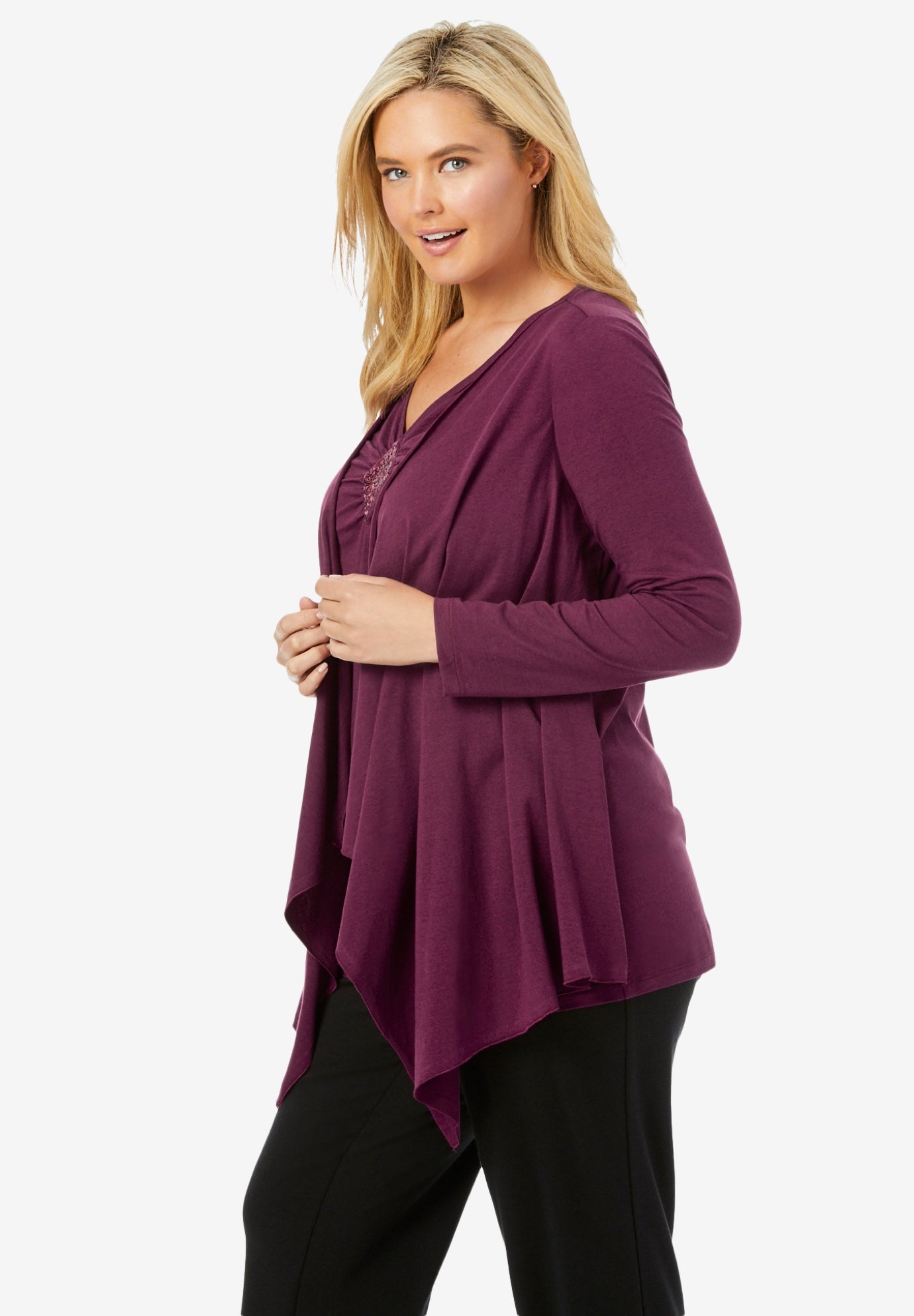 Layered look long top with sequined inset image number 2