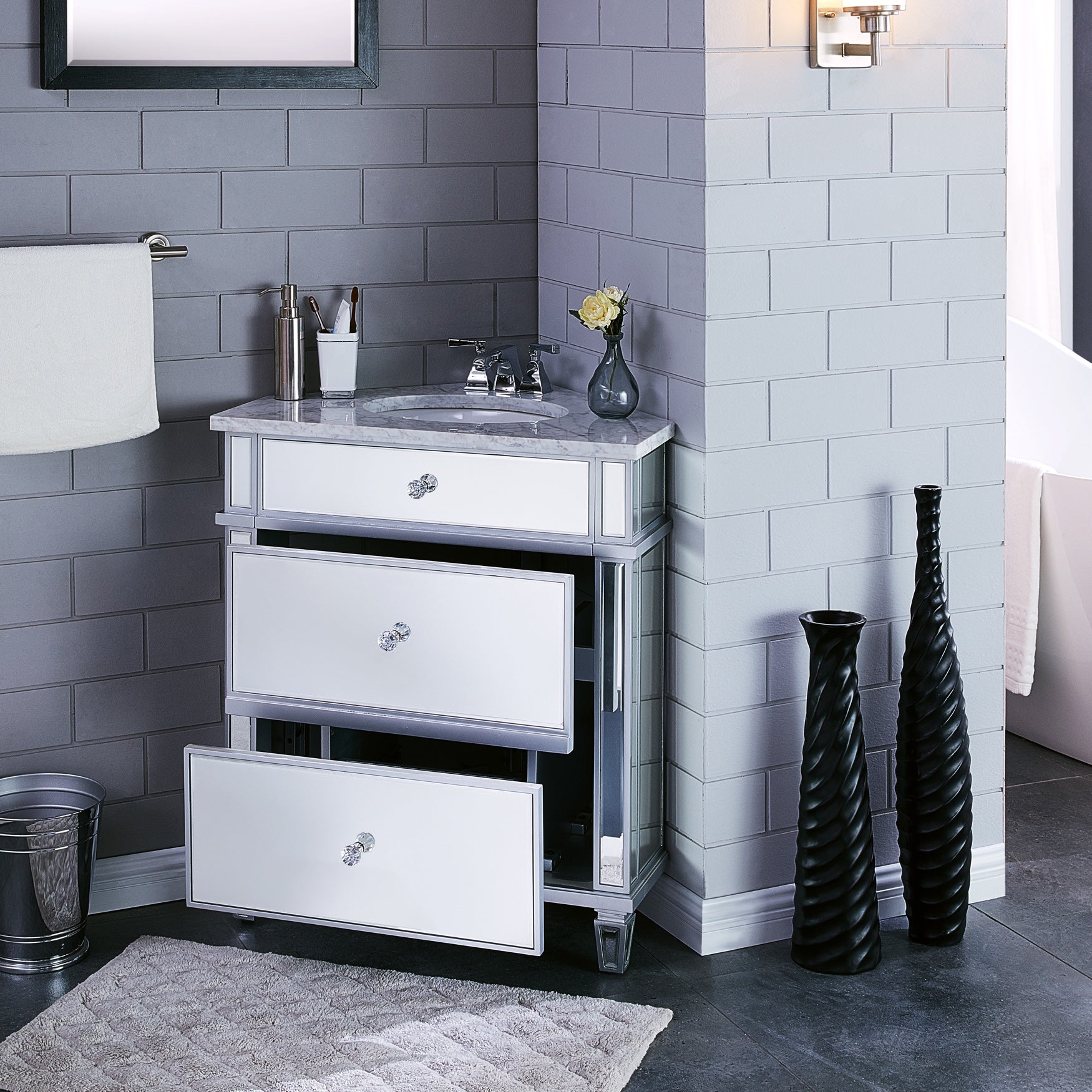 Corner bathroom outlet vanity with sink