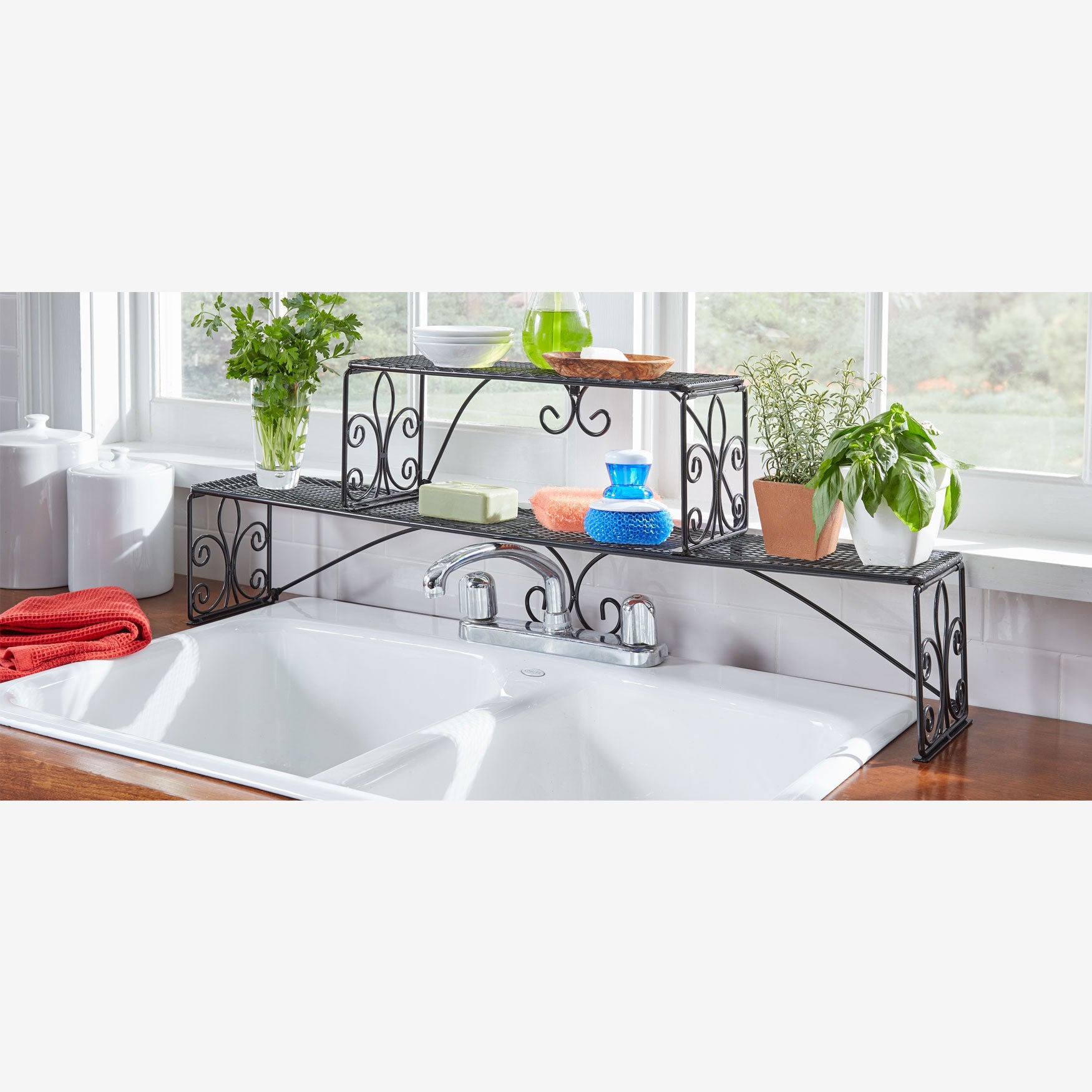 Over the outlet sink shelf
