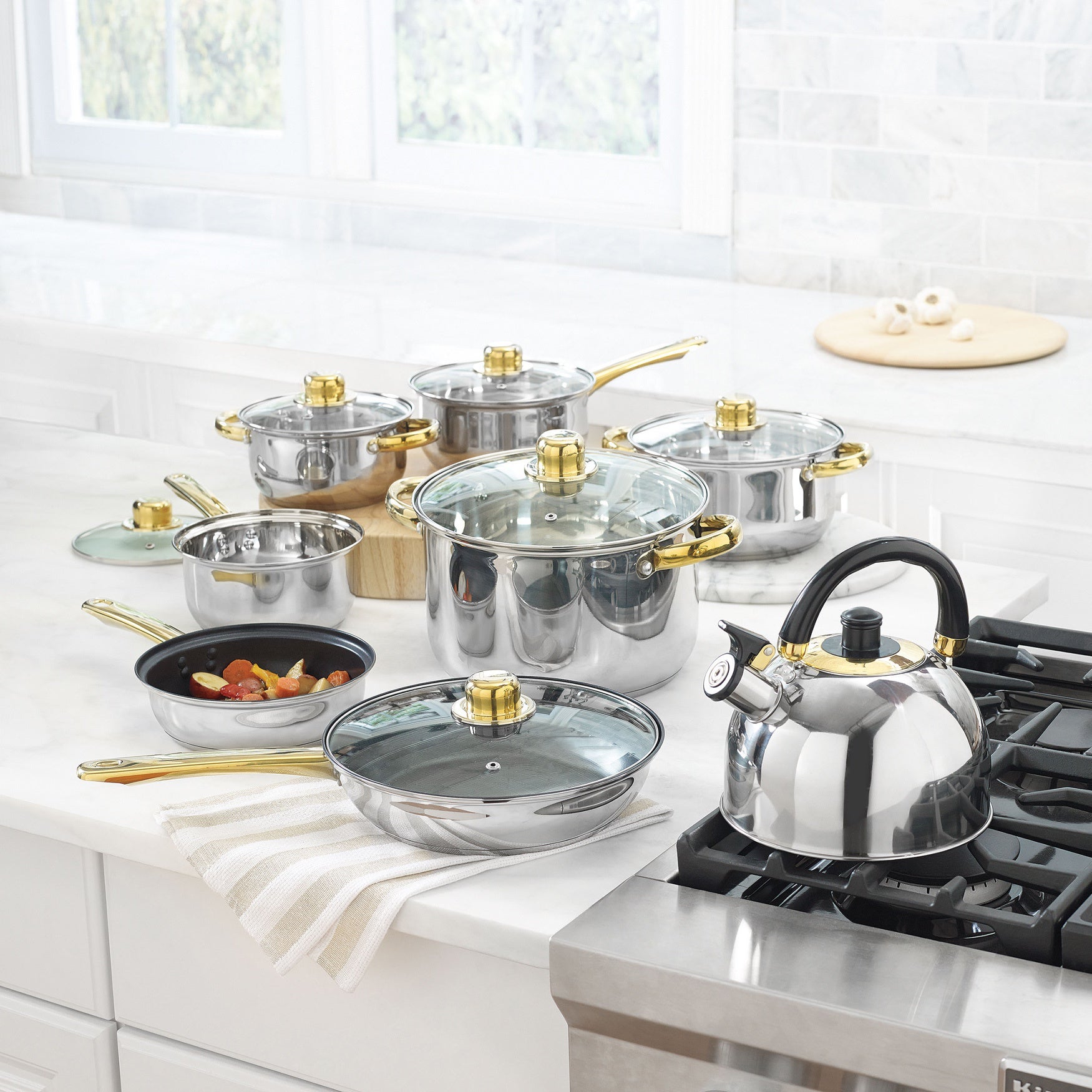 14PC. Stainless Steel Cookware Set with Gold Accents Fullbeauty Outlet