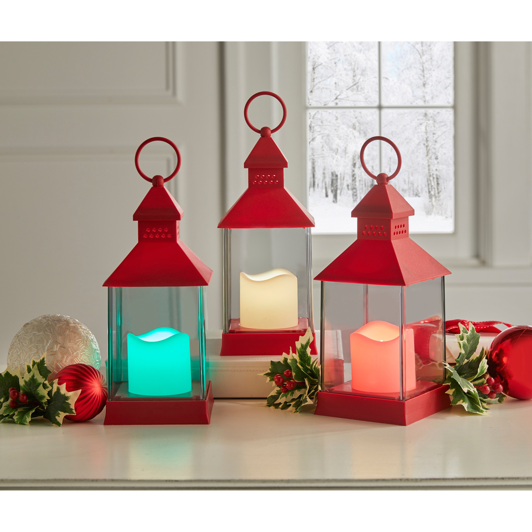 REMOTE-CONTROLLED RED COLOR-CHANGING LANTERNS, SET OF 3, RED