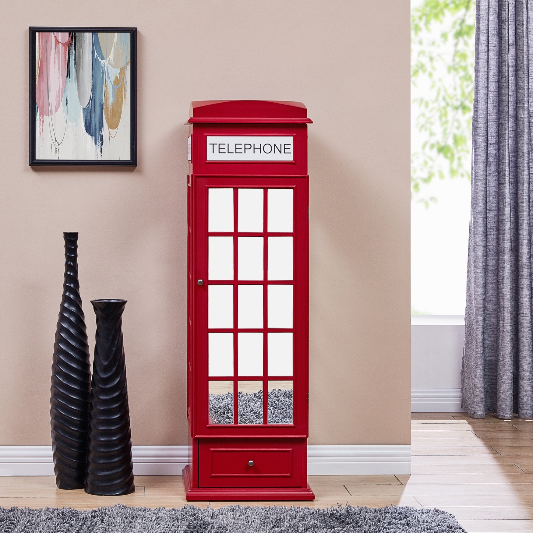 Red Phone Booth Free Standing Jewelry Storage Armoire Plus