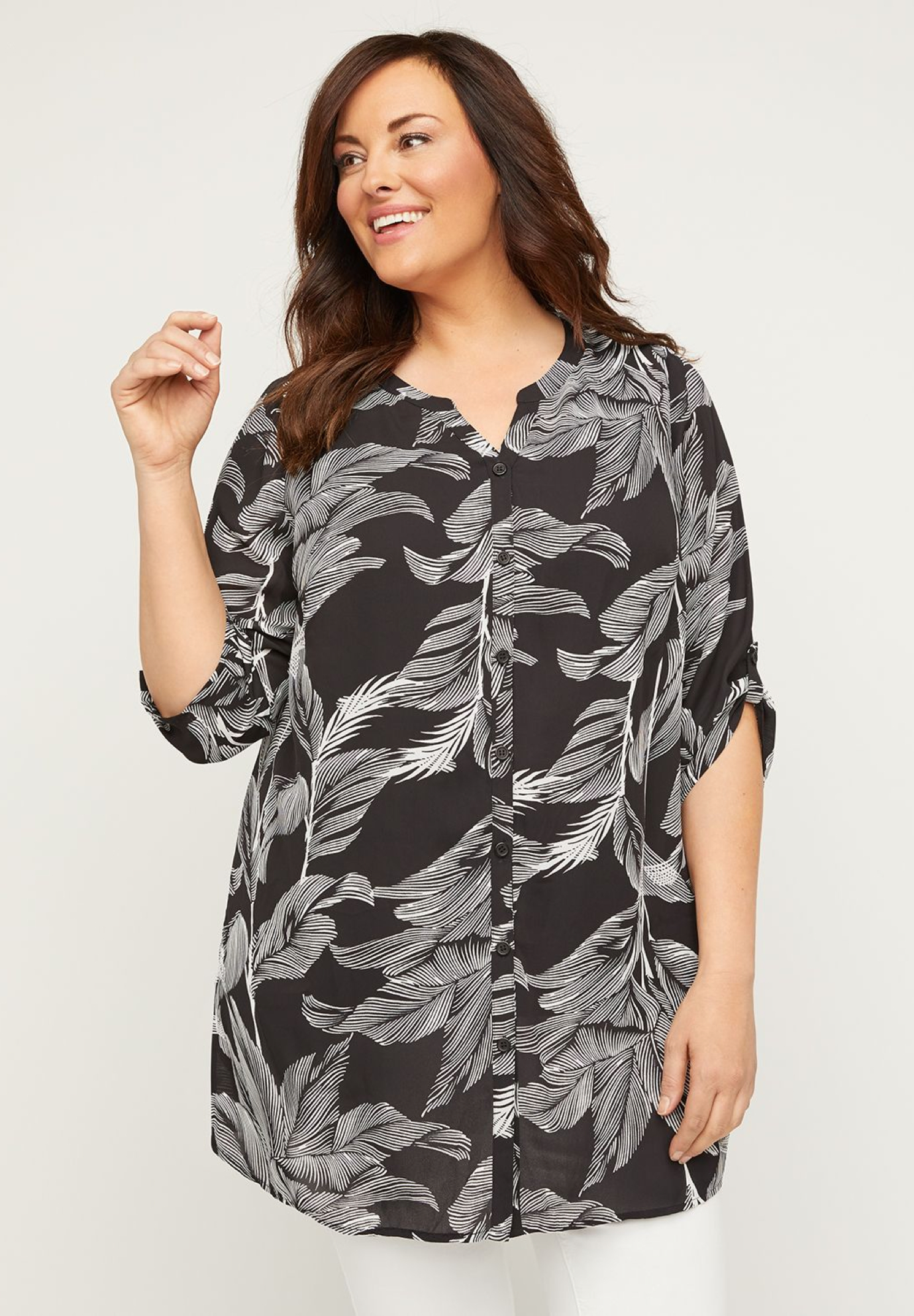 Georgette Palm Leaf Buttonfront Tunic Top, 