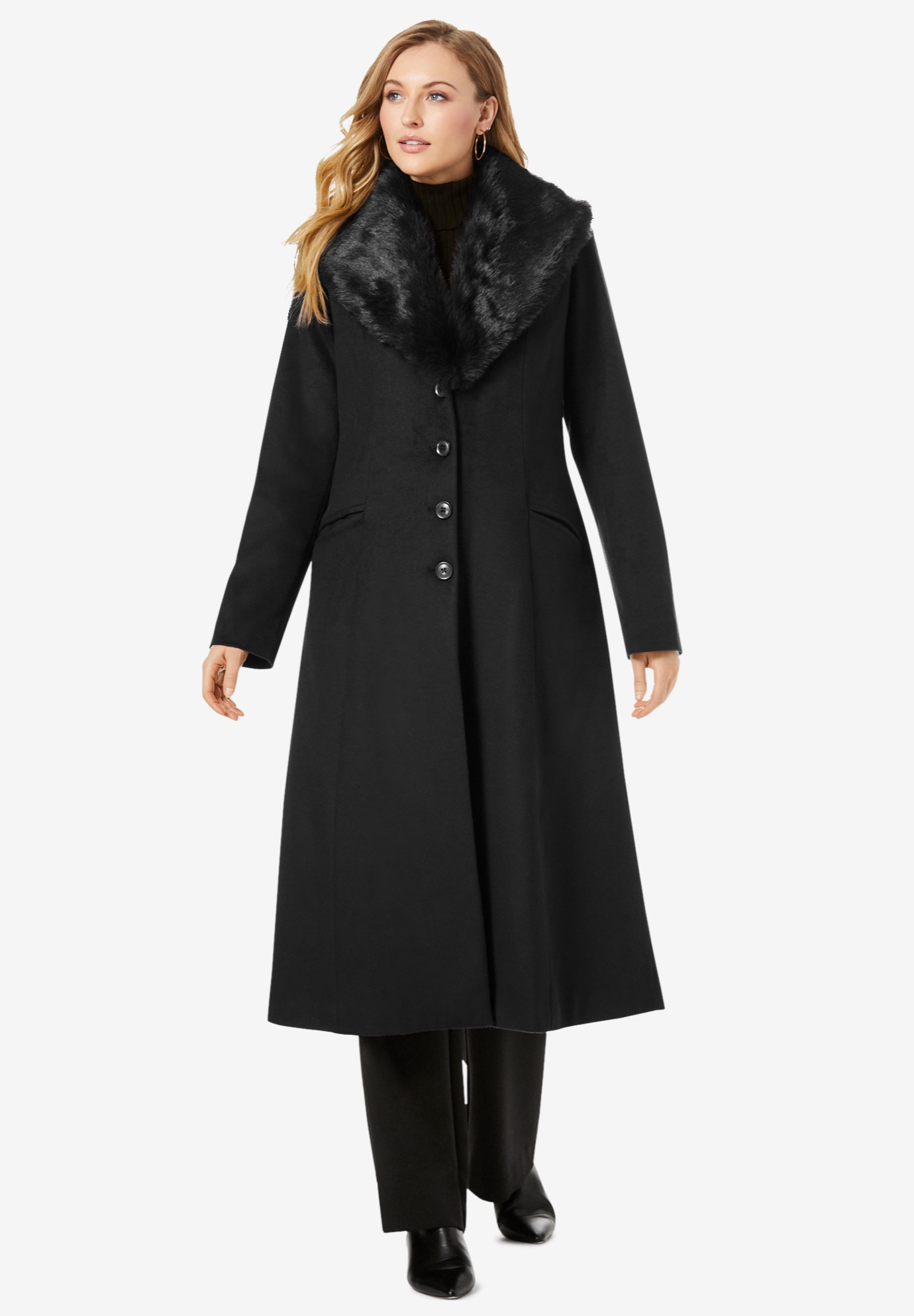 Long Wool-Blend Coat with Faux Fur Collar | Plus Size Wool Coats | Full ...