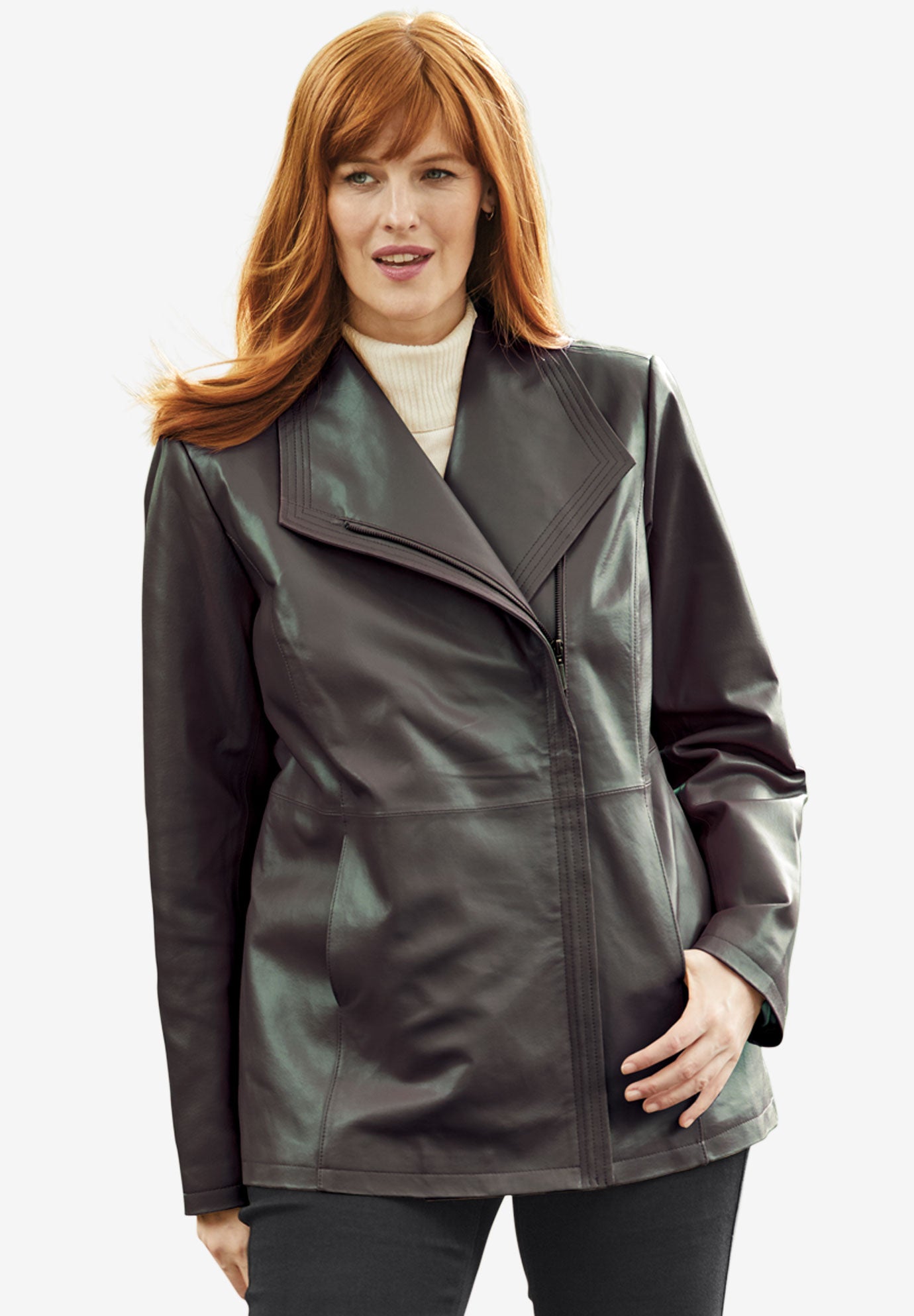 Leather Jacket with Oversized Wing Collar Plus Size Jackets & Blazers