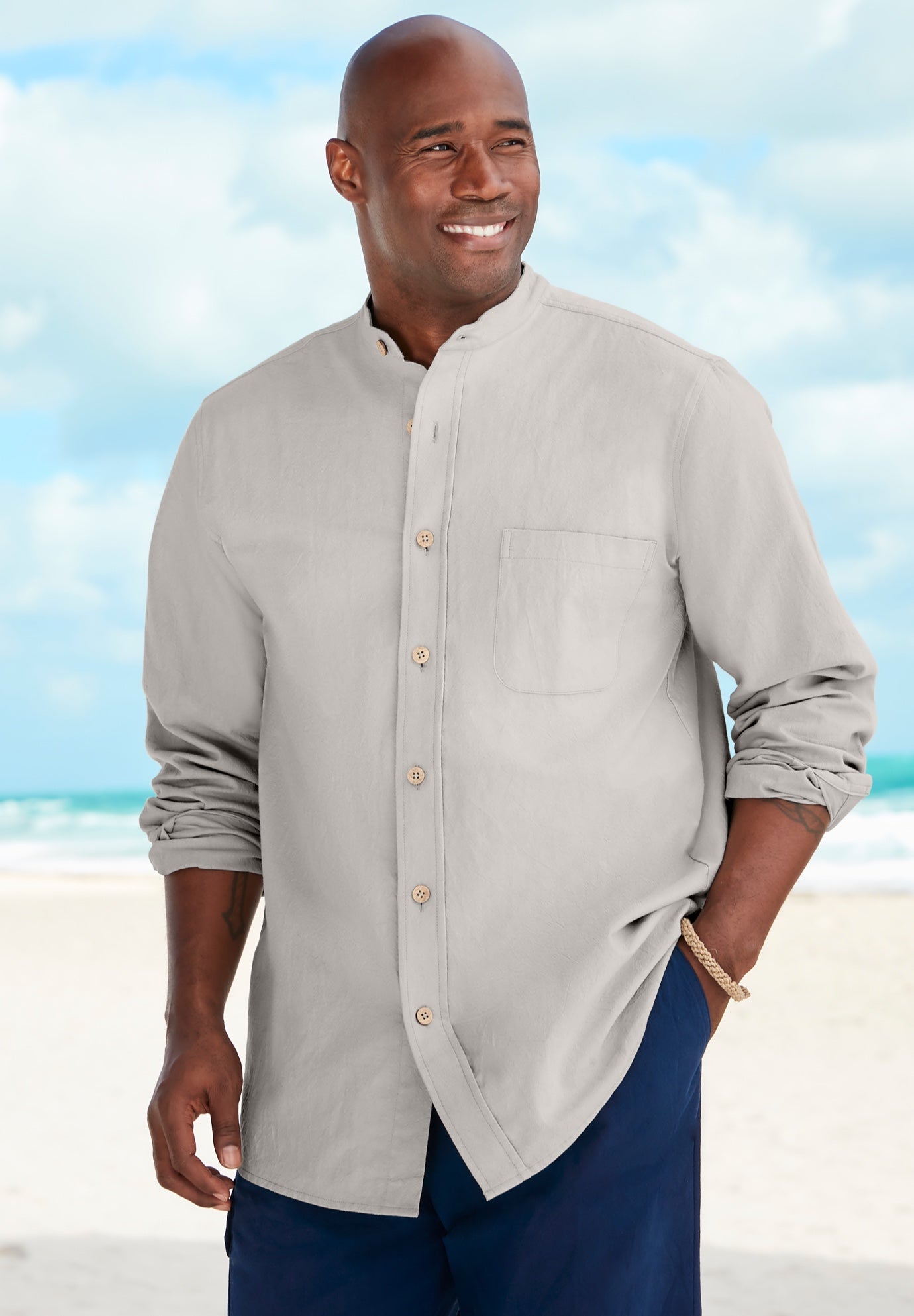 Gauze Mandarin Collar ButtonDown Shirt Big and Tall Activewear