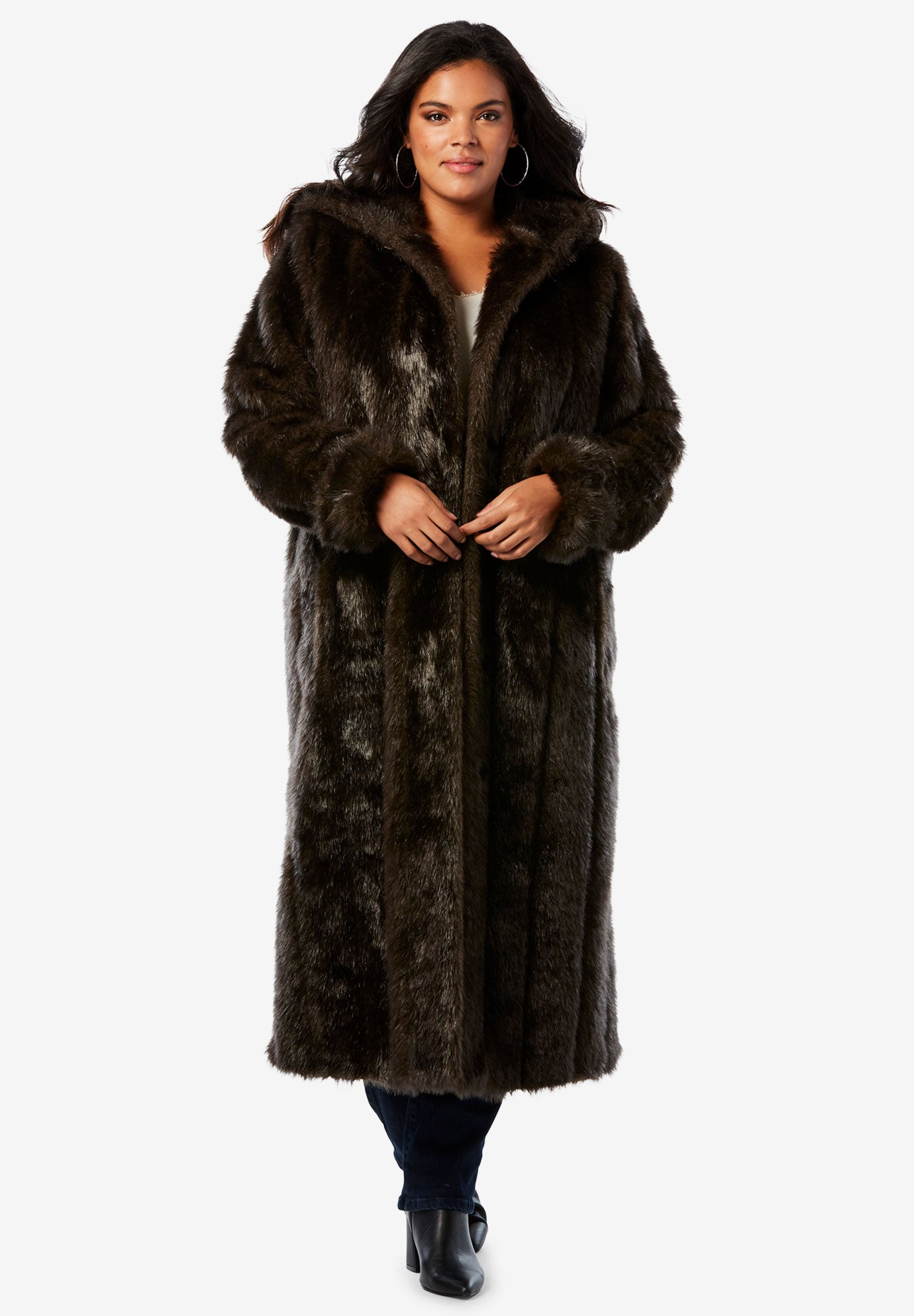Full Length FauxFur Coat with Hood Plus Size Faux Fur Full Beauty