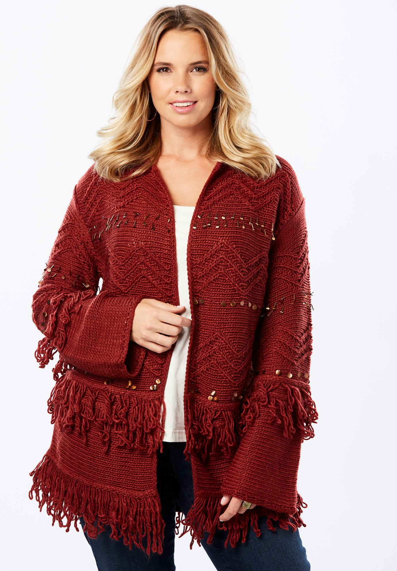 Embellished Cardigan with Fringe Fullbeauty Outlet