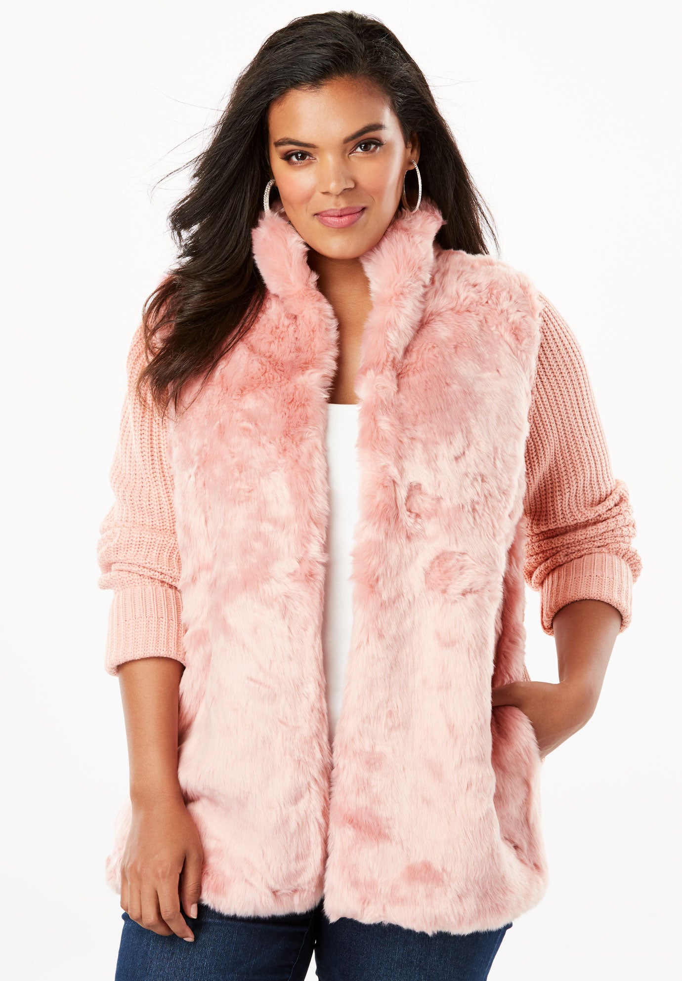Ribbed Cardigan with Faux Fur Front Plus Size Cardigans Full Beauty