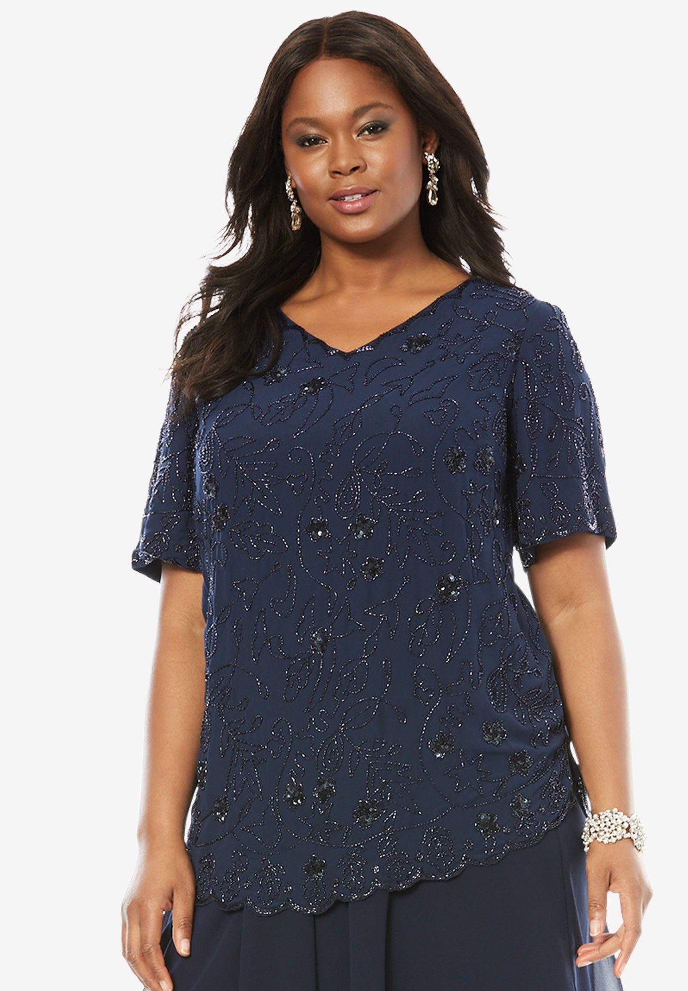 Sequin Beaded Top Plus Size Short Sleeve Fullbeauty