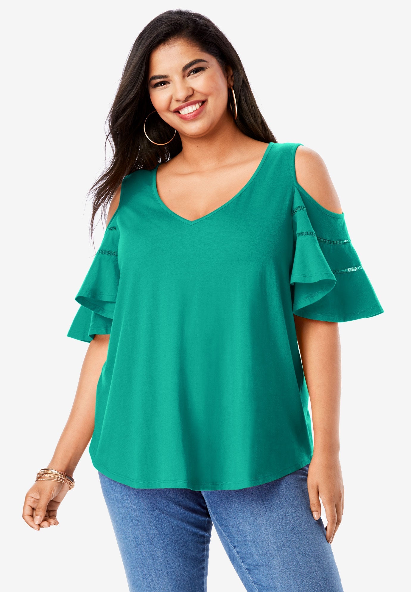 Ruffle-Sleeve Top with Cold Shoulder Detail| Plus Size ...