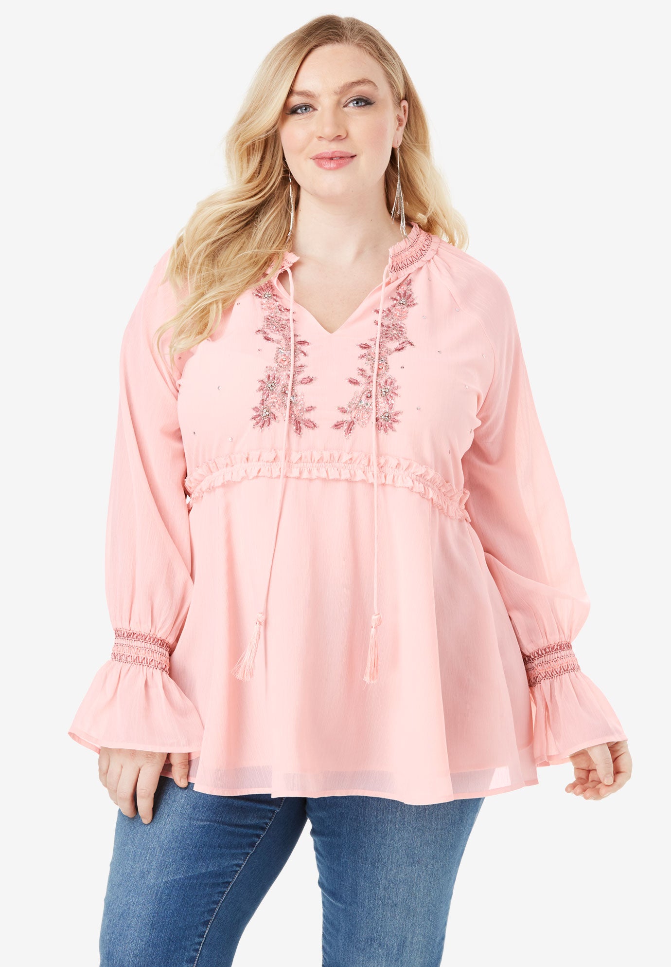 Beaded Peasant Tunic with Tassel Ties Fullbeauty Outlet