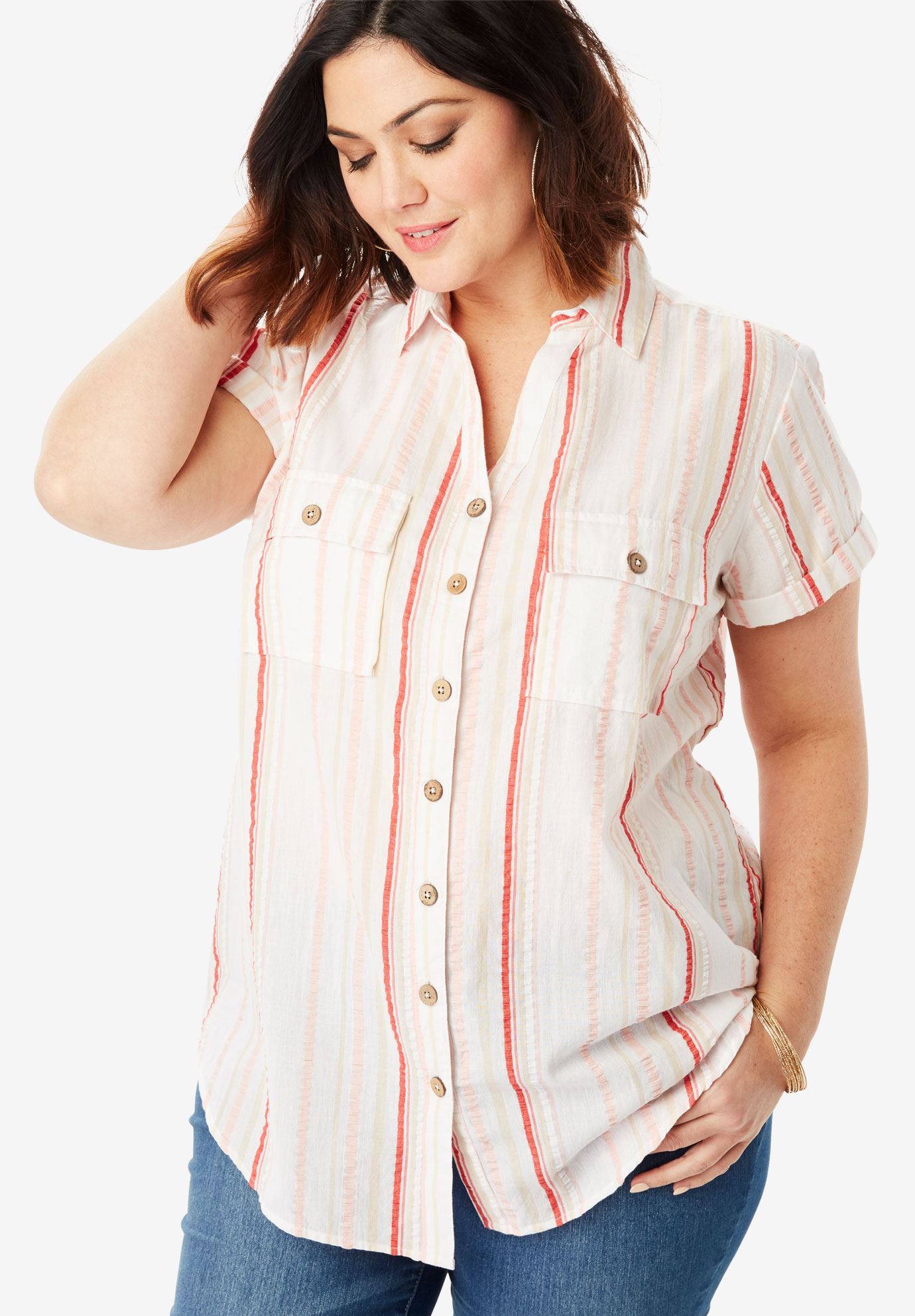 Seersucker Shirt with Roll-Tab Sleeves | Plus Size Short Sleeve | Full ...
