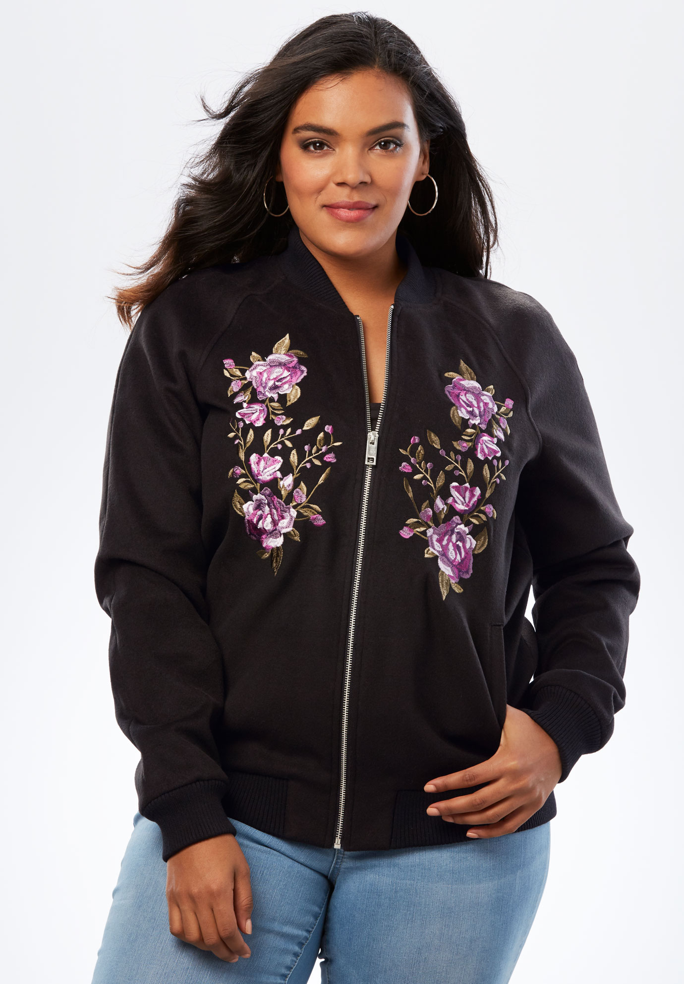 Embroidered Bomber Jacket | Plus Size Jackets & Blazers | Full Beauty