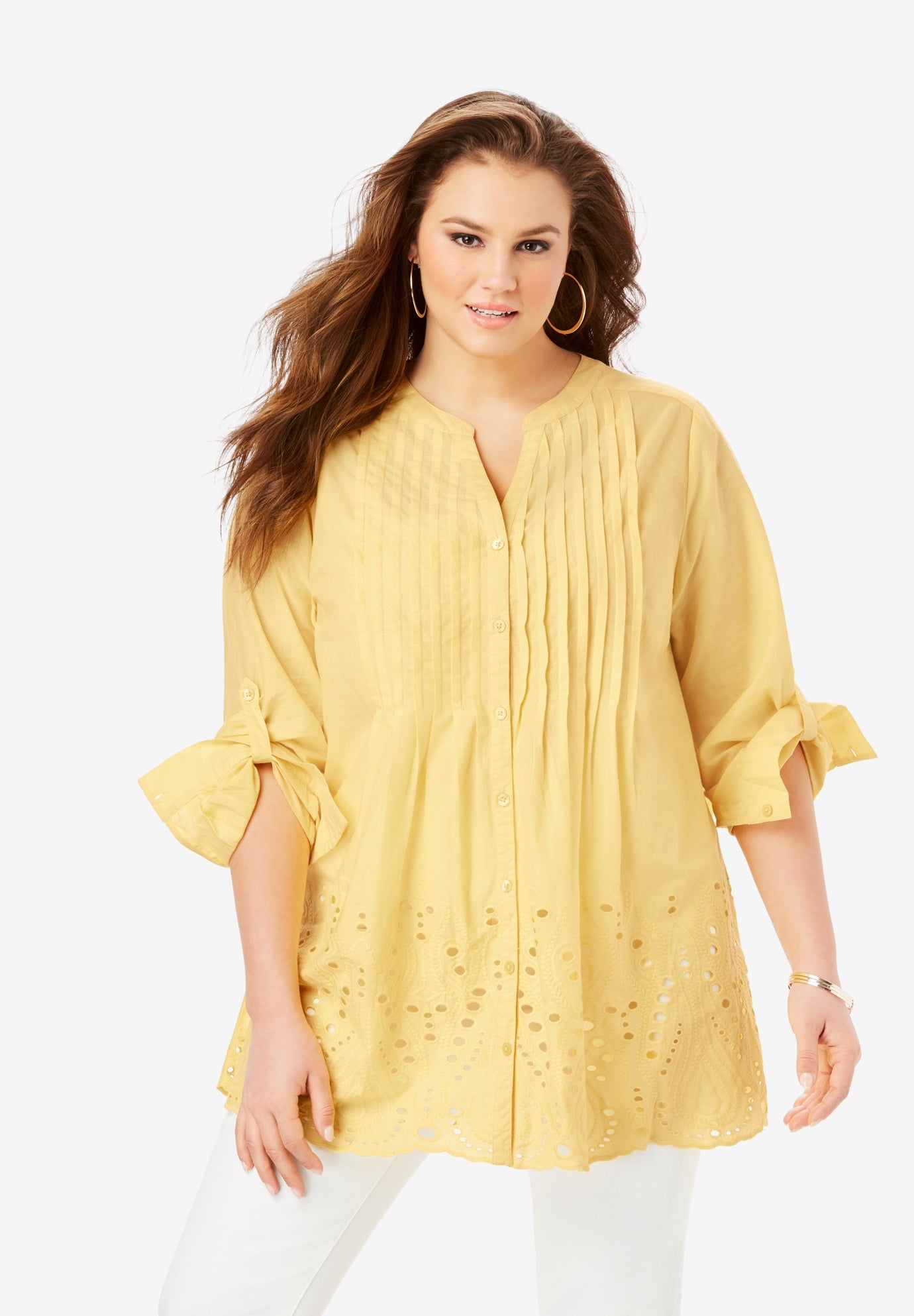 Eyelet Pintuck Tunic with RollTab Sleeves Plus SizeTunics Fullbeauty