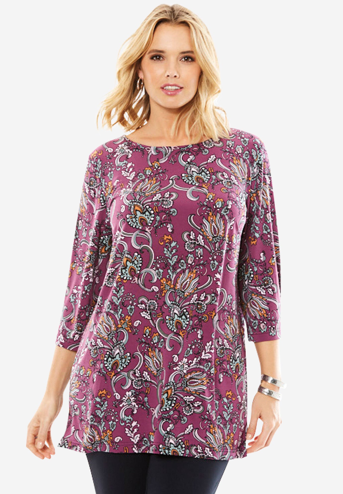 3/4 Sleeve Printed Tunic by Denim 24/7 Plus Size Tunics Fullbeauty