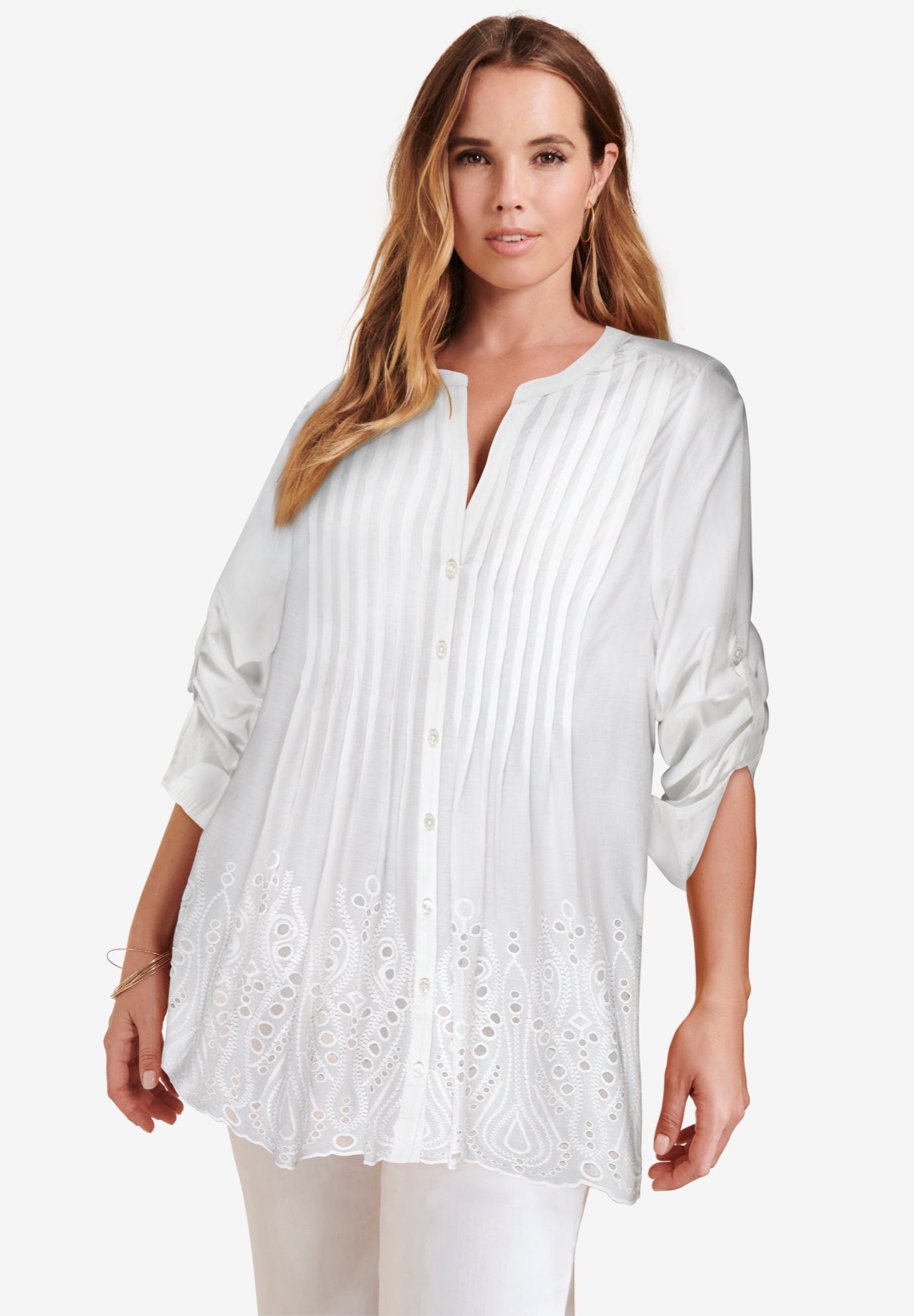 Eyelet Pintuck Tunic with RollTab Sleeves Plus Size 32 Inches Long Full Beauty