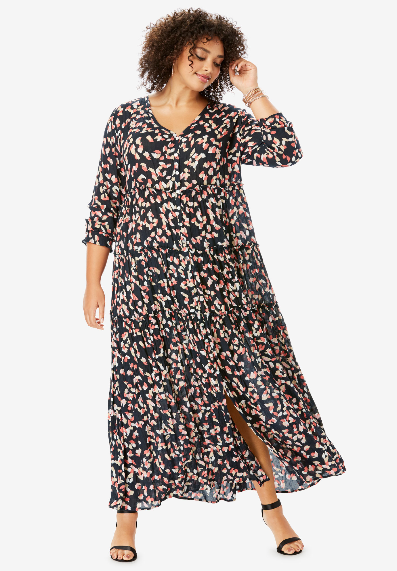 Tiered Crinkle Maxi Dress with Blouson Sleeves | Fullbeauty Outlet
