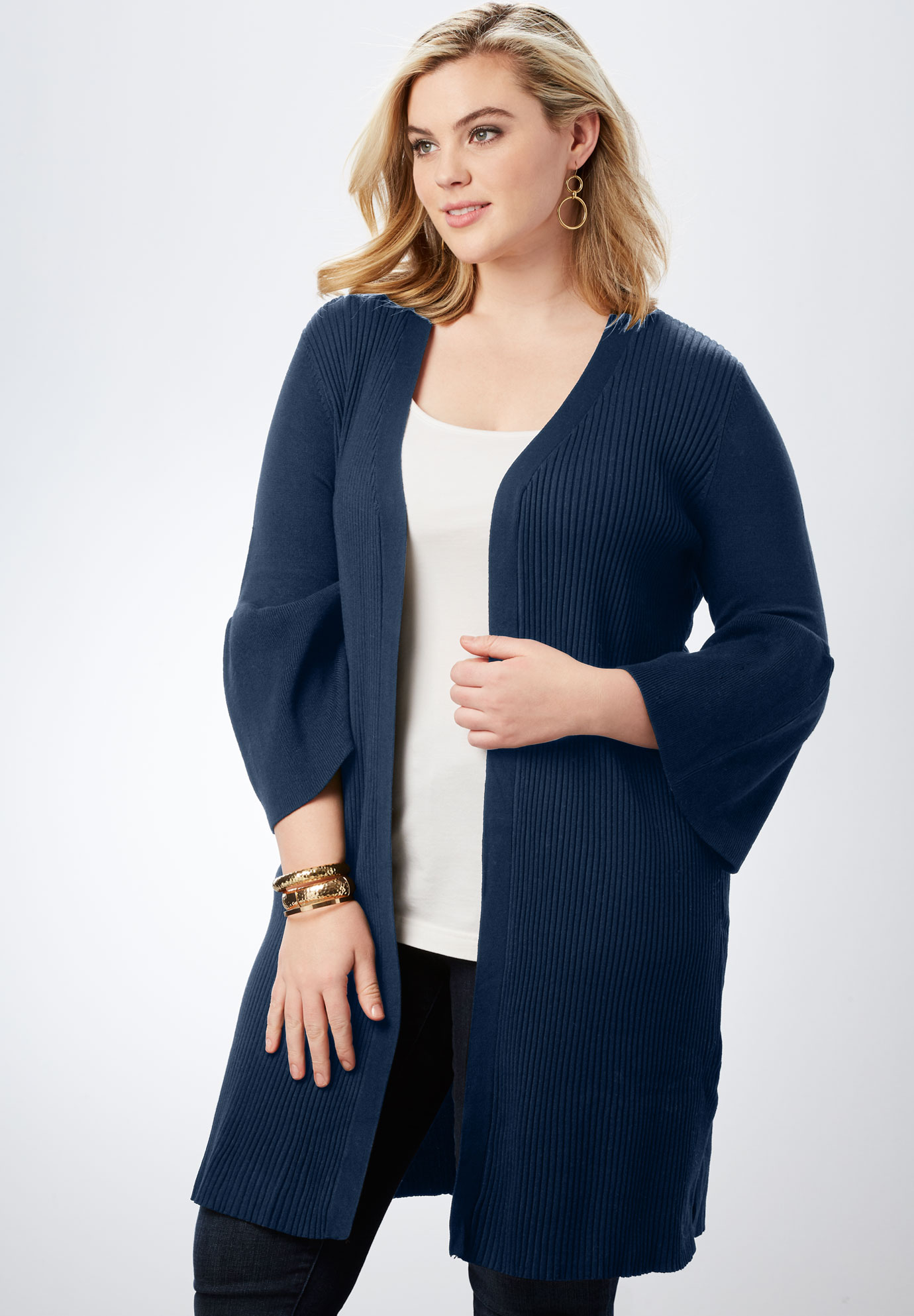 Ribbed Bell-Sleeve Cardigan| Plus Size Sweaters & Cardigans | Full Beauty