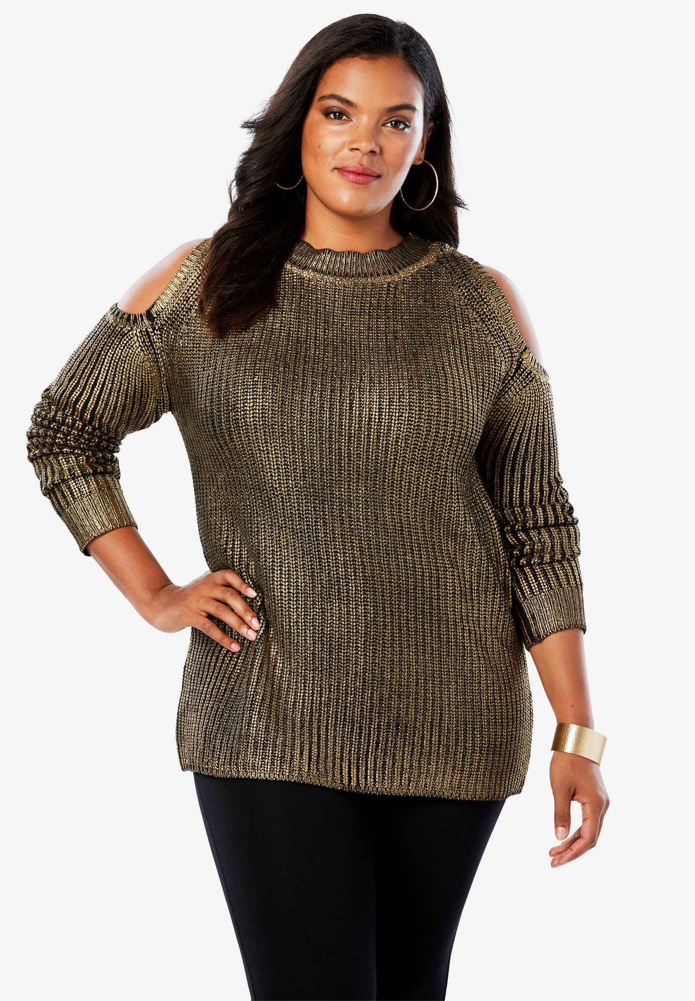 Cold-Shoulder Sweater with Foil Print| Plus Size Sweaters & Cardigans ...