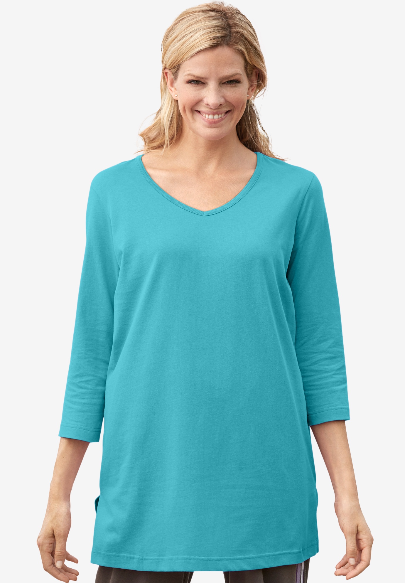 Perfect V-Neck Three-Quarter Sleeve Tunic| Plus Size 30 Inches Long ...