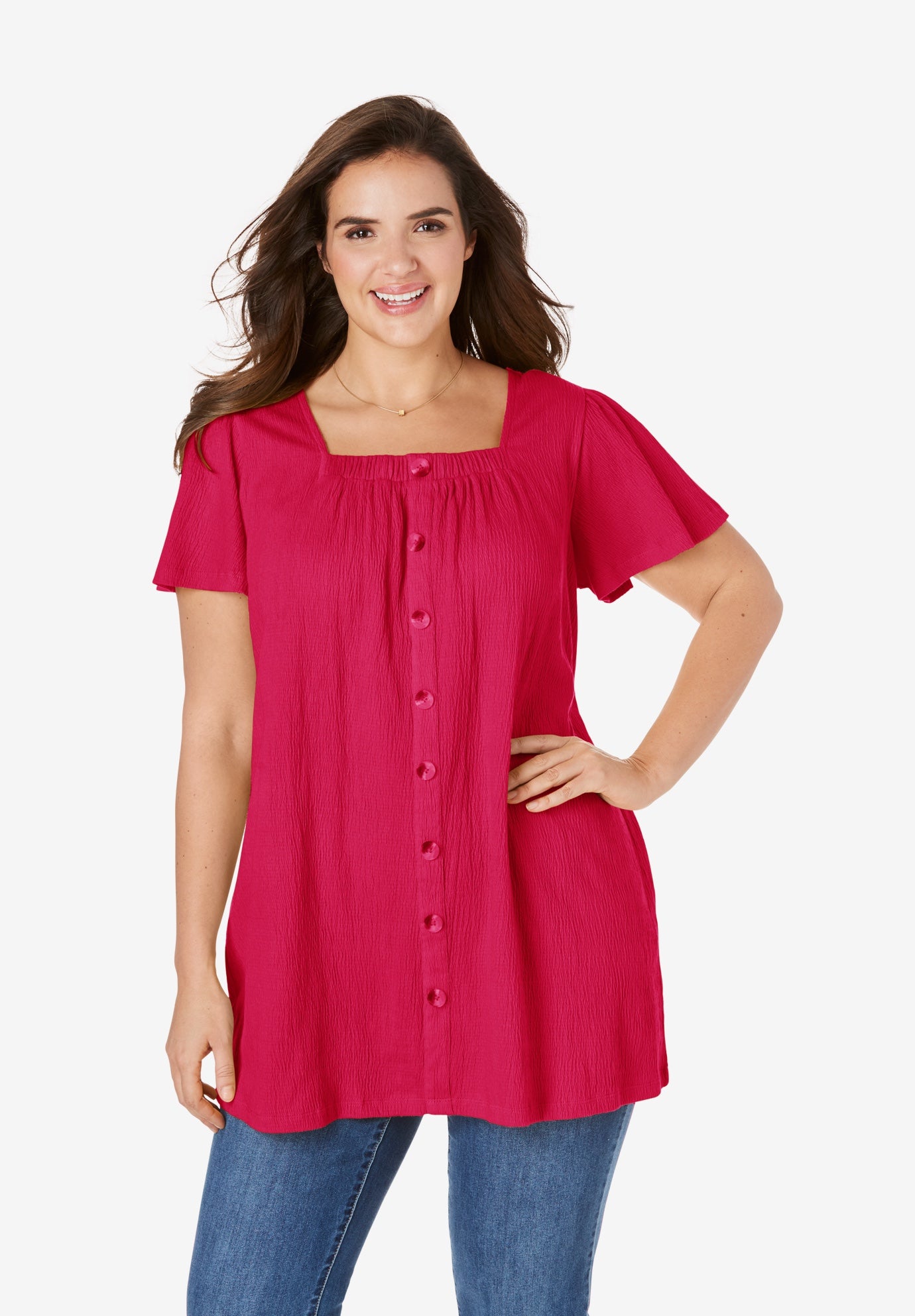 Button Front Gauze Tunic| Plus Size Tunics | Fullbeauty