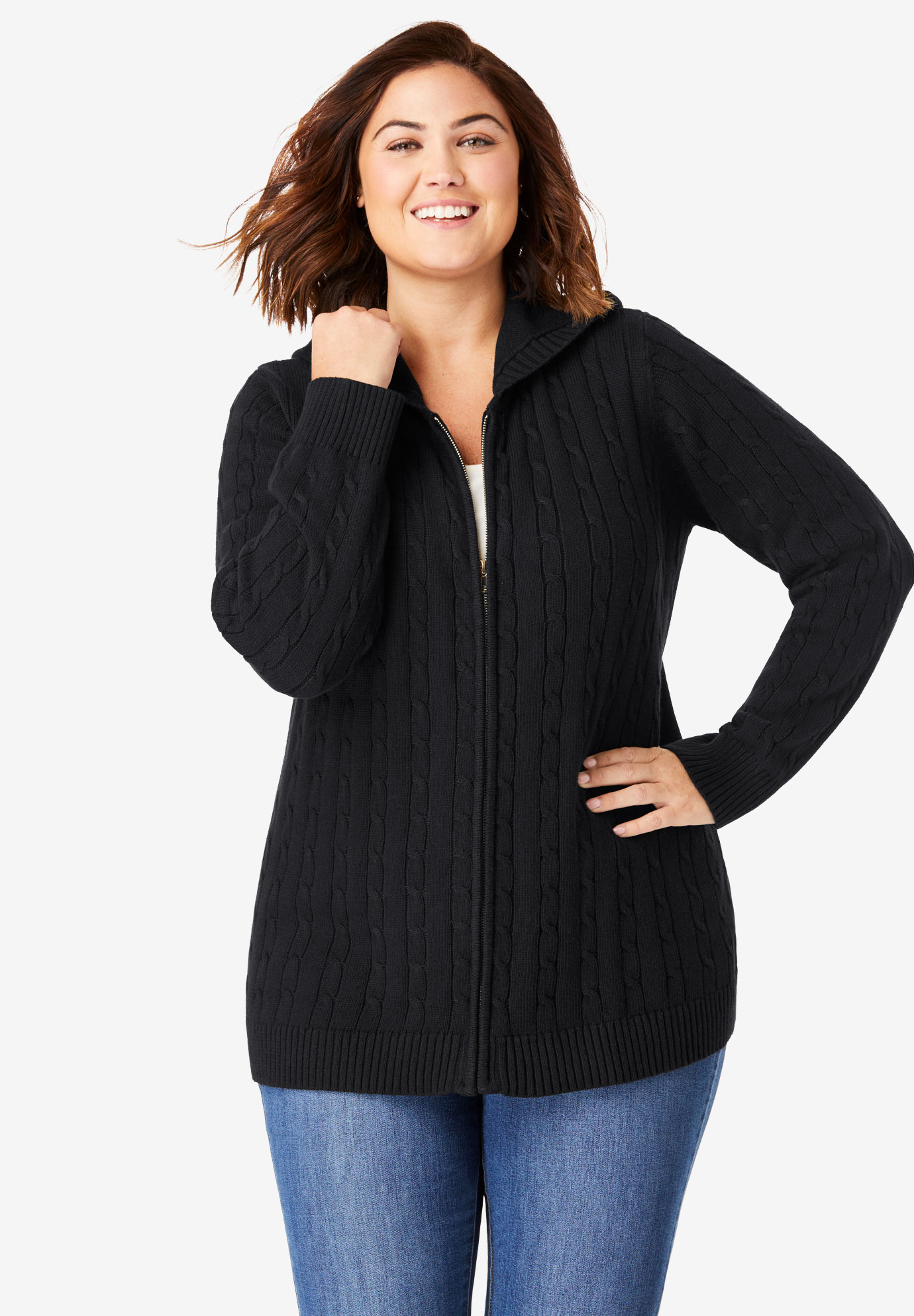 Cable Knit Zip-Front Cardigan| Plus Size Sweaters & Cardigans | Full Beauty