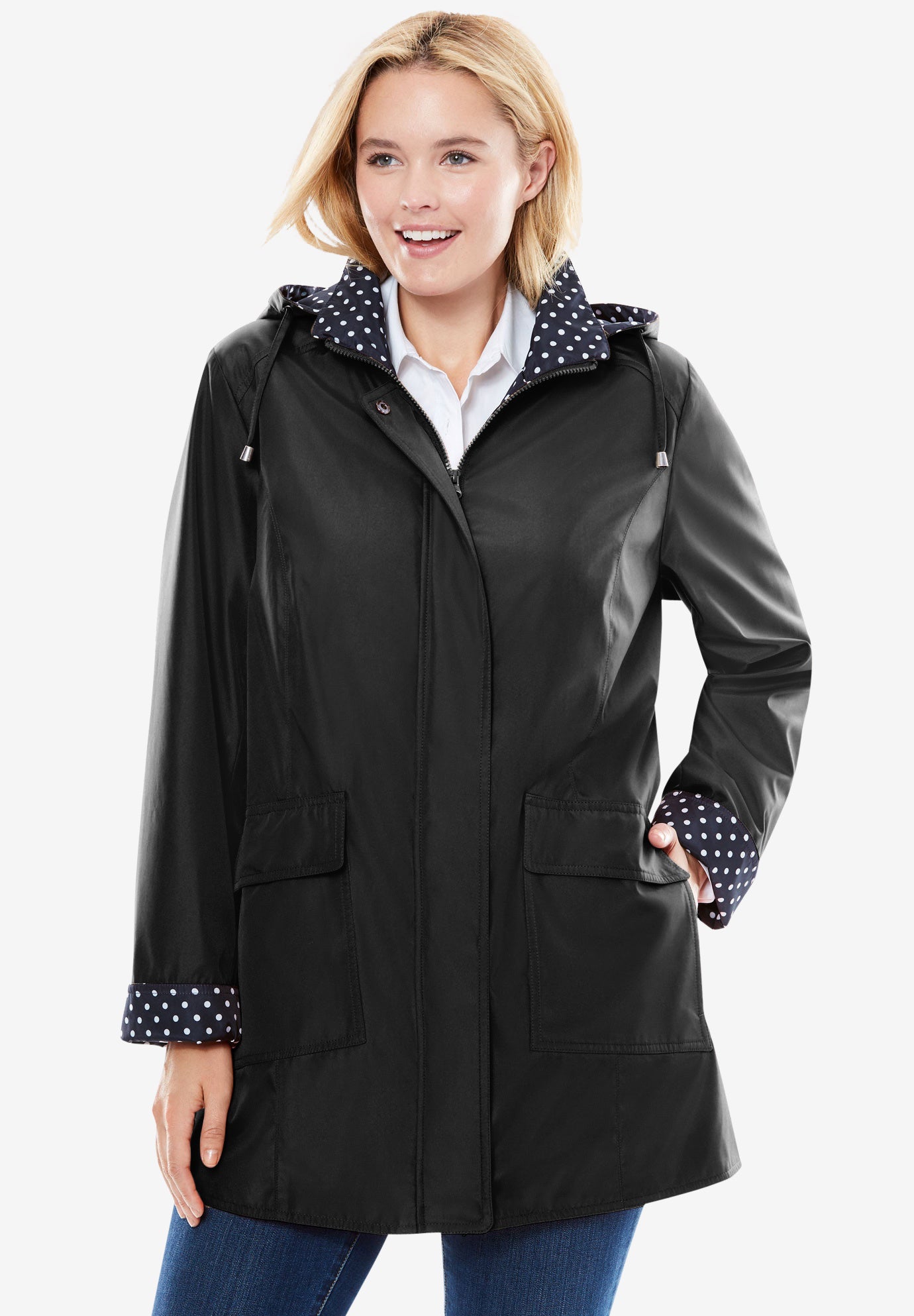 Raincoat in new short length with fun dot trim Plus Size Trench