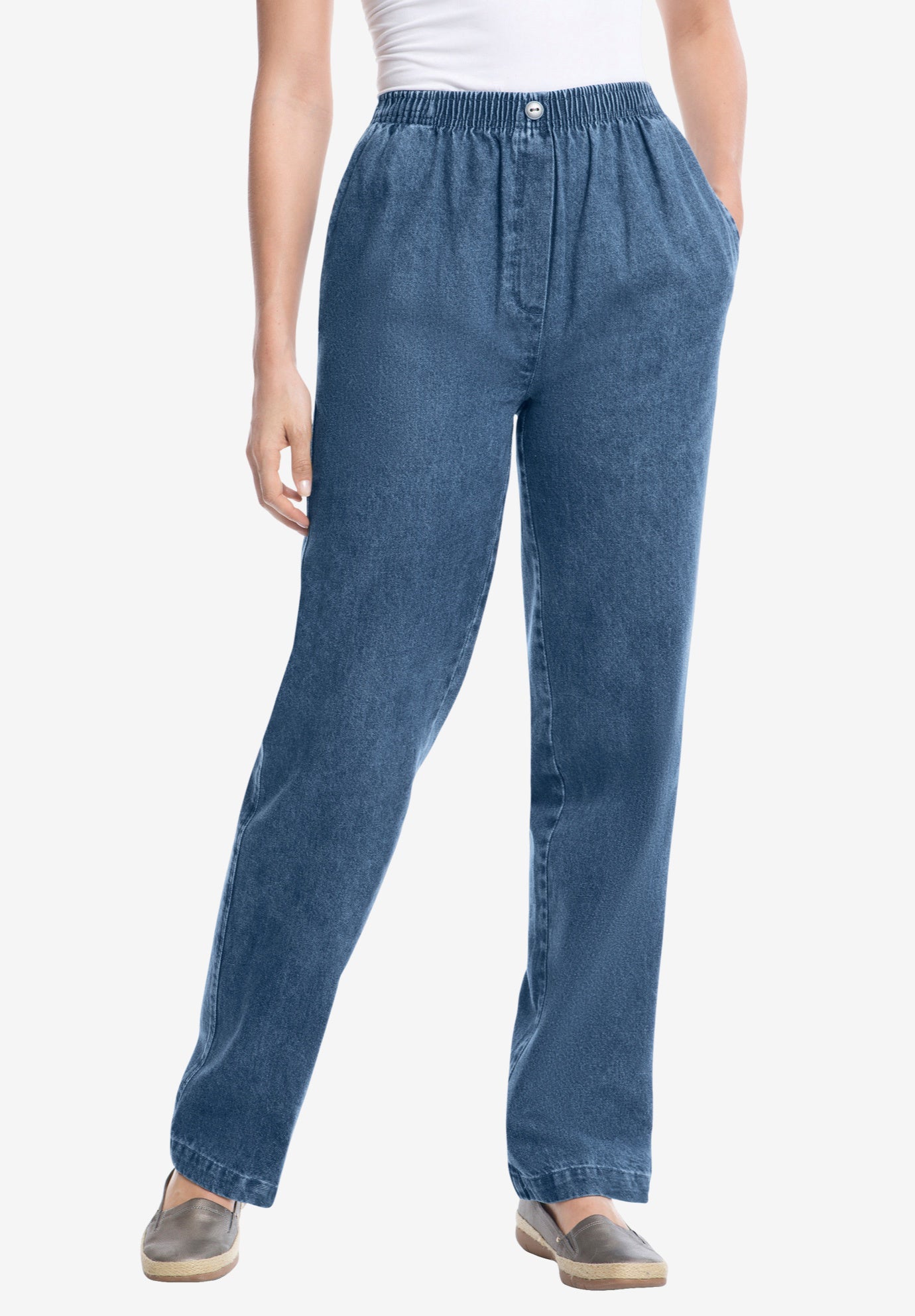 women's blue jeans with elastic waistband