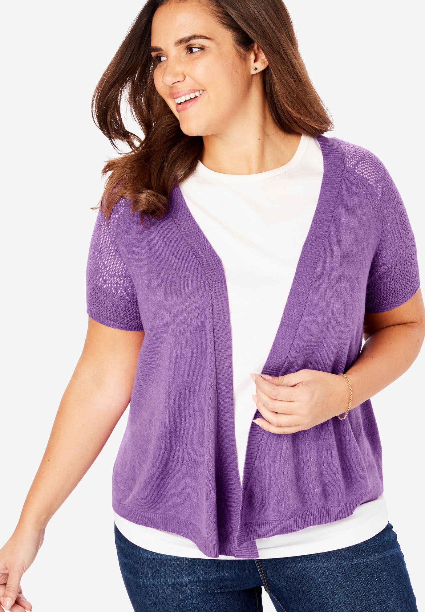 Open Front Short Sleeve Pointelle Cardigan Sweater | Plus ...