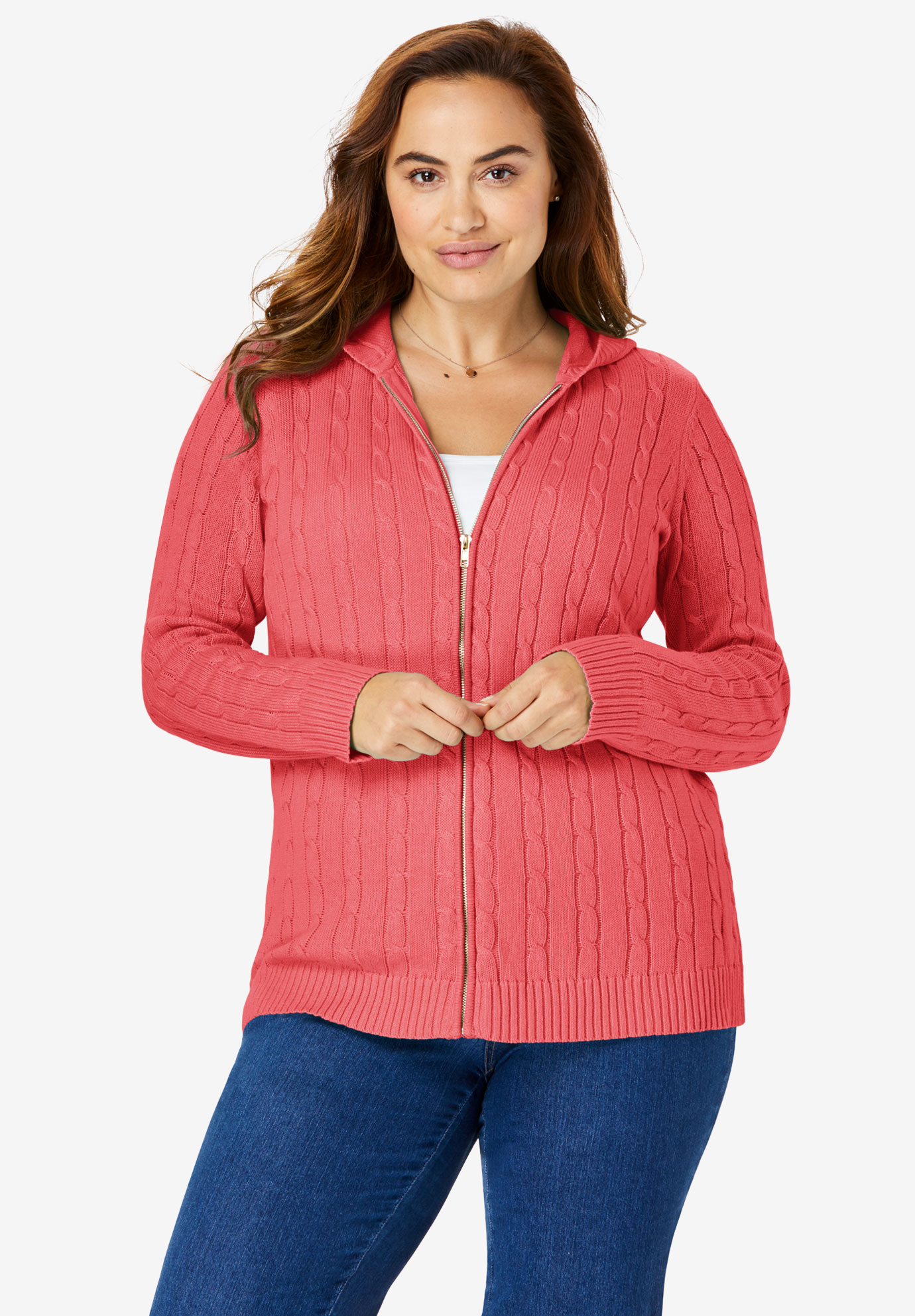 Hooded Cable Knit Zip-Front Cardigan| Plus Size Sweaters & Cardigans