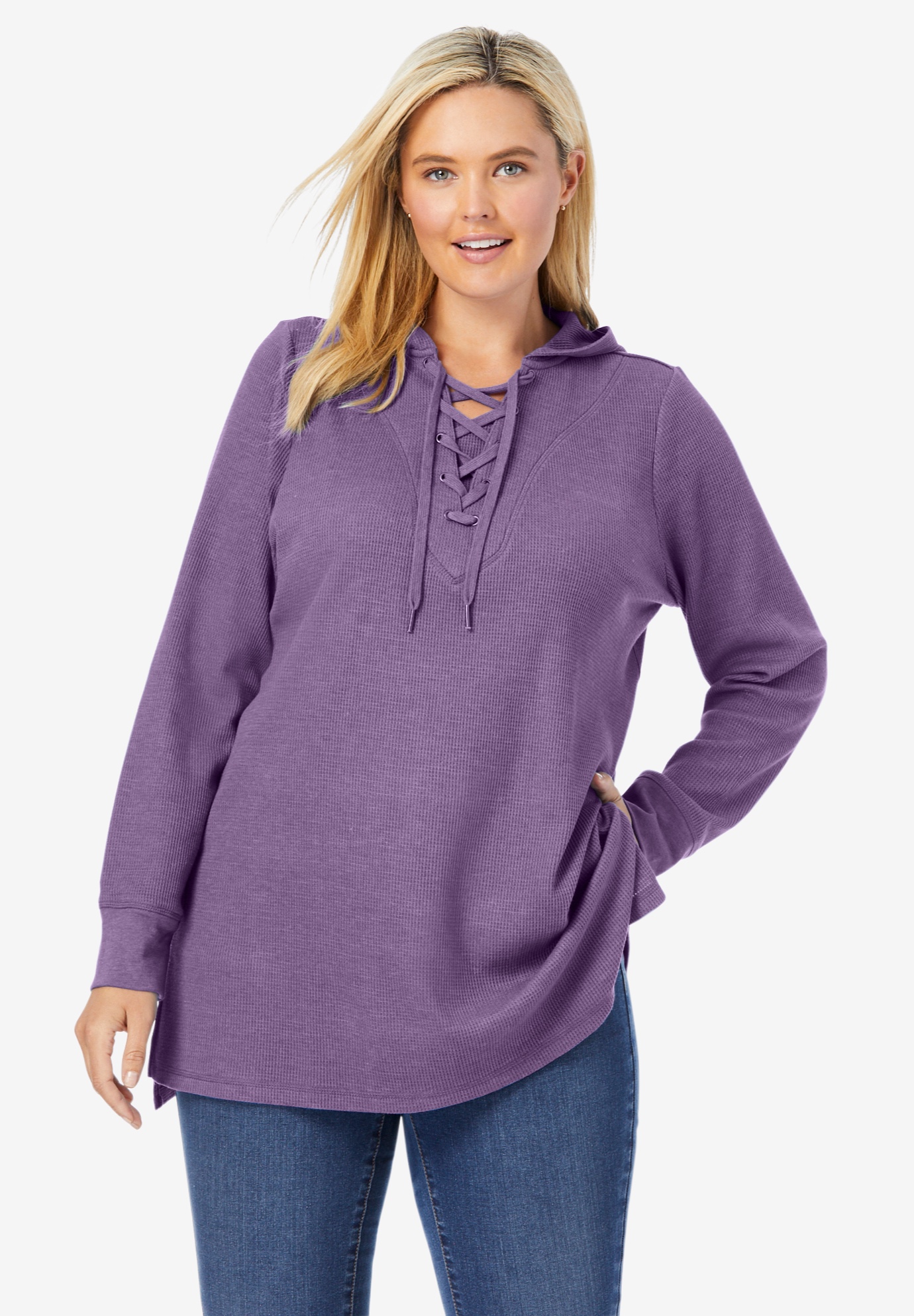 Washed Thermal Lace-Up Hooded Sweatshirt | Fullbeauty Outlet