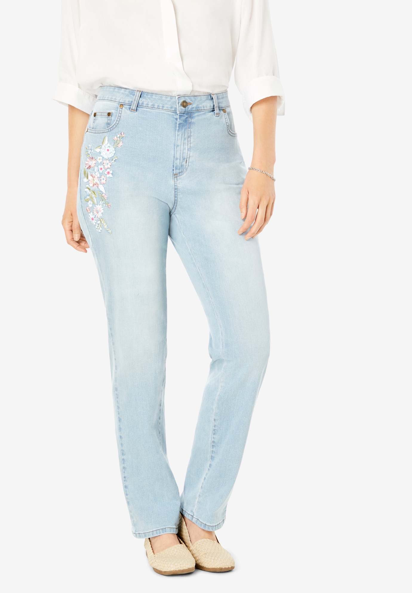 Straight Leg Stretch Jean, LIGHT WASH SANDED FLORAL EMBROIDERY