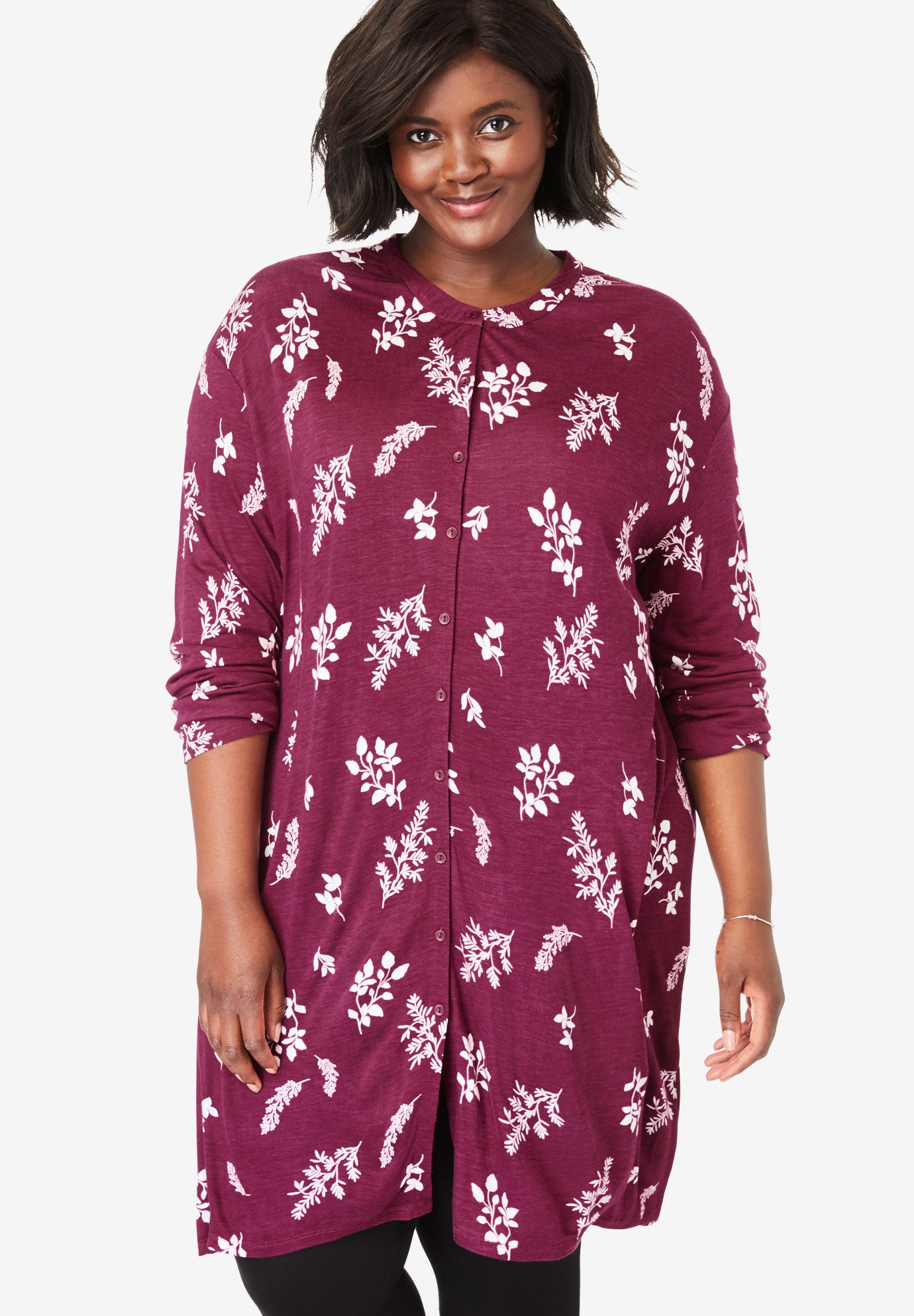 Mandarin Collar ButtonFront Maxi Tunic Plus Size 34 Inches Long