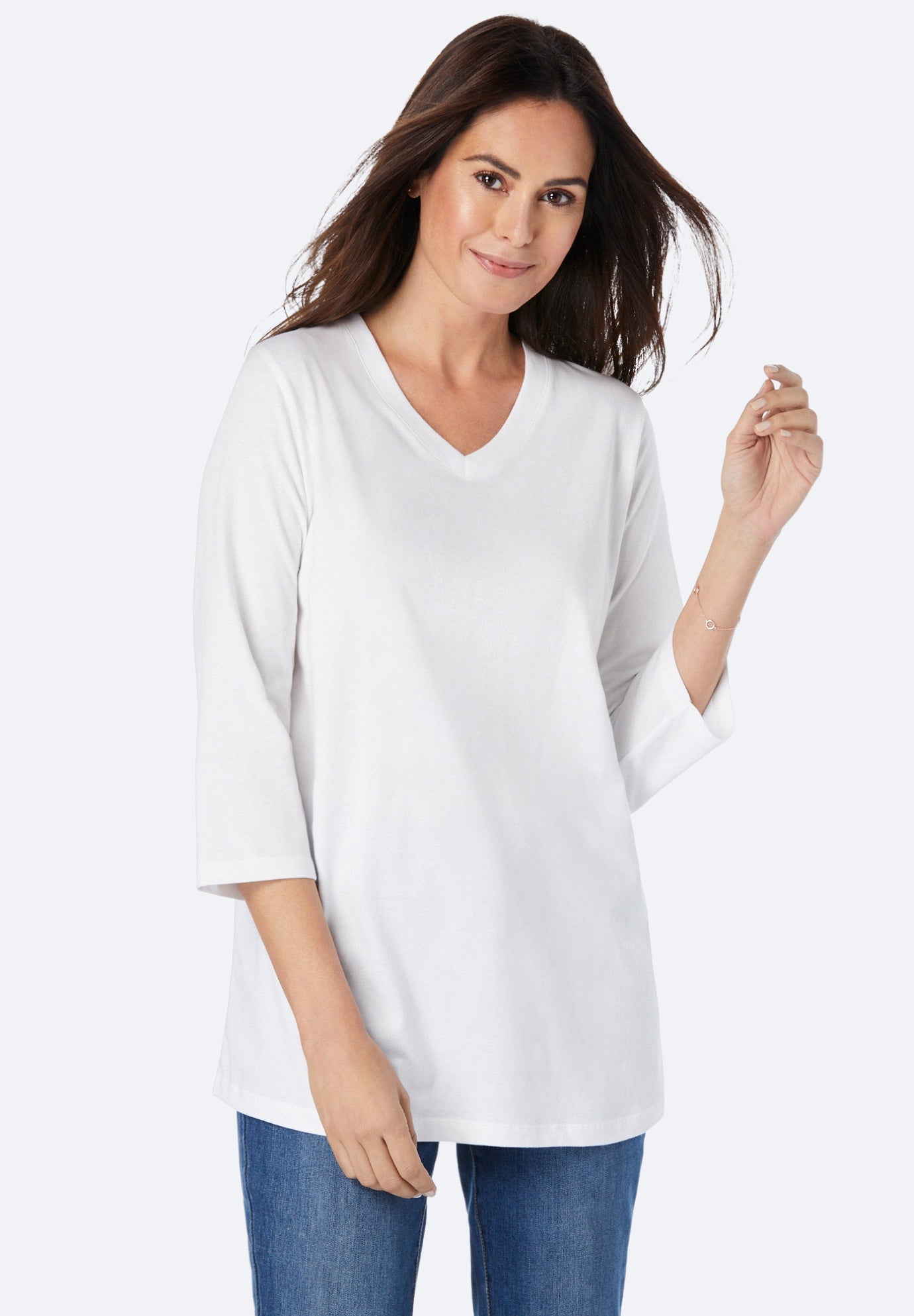 white t shirt with three quarter sleeves
