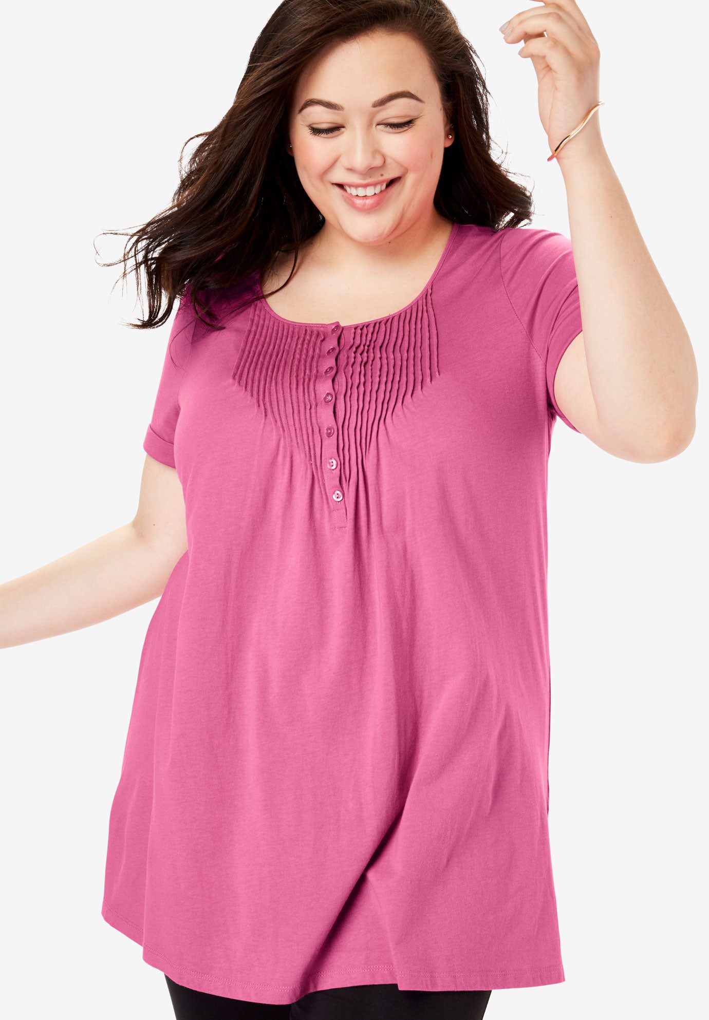 Pintucked Henley Tunic Plus Size 30 Inches Long Full Beauty