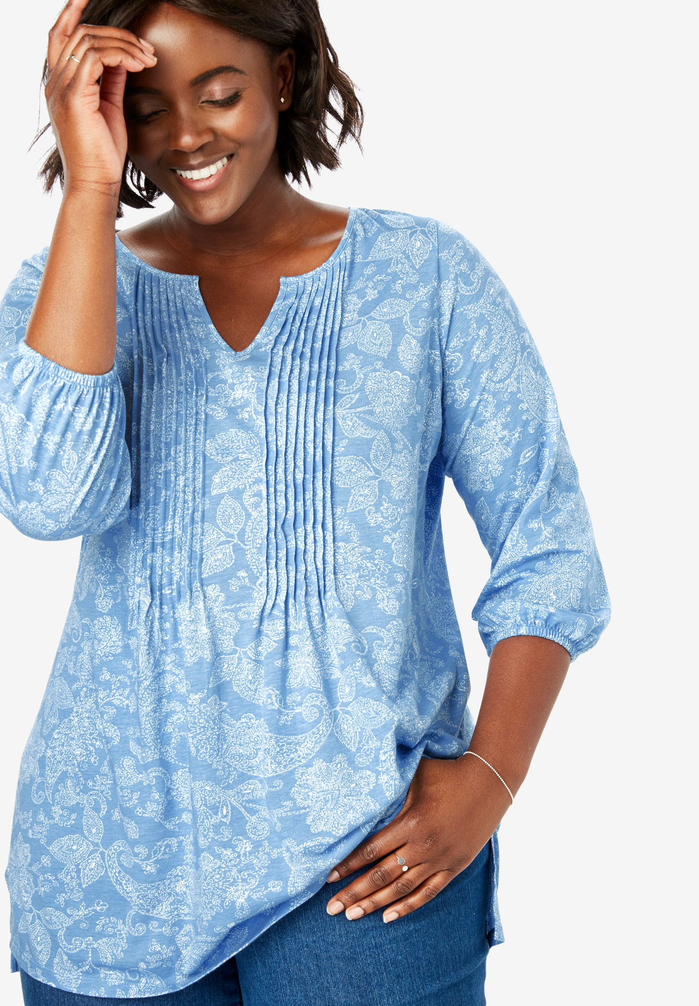Notch Neck Pintucked Tunic | Fullbeauty Outlet