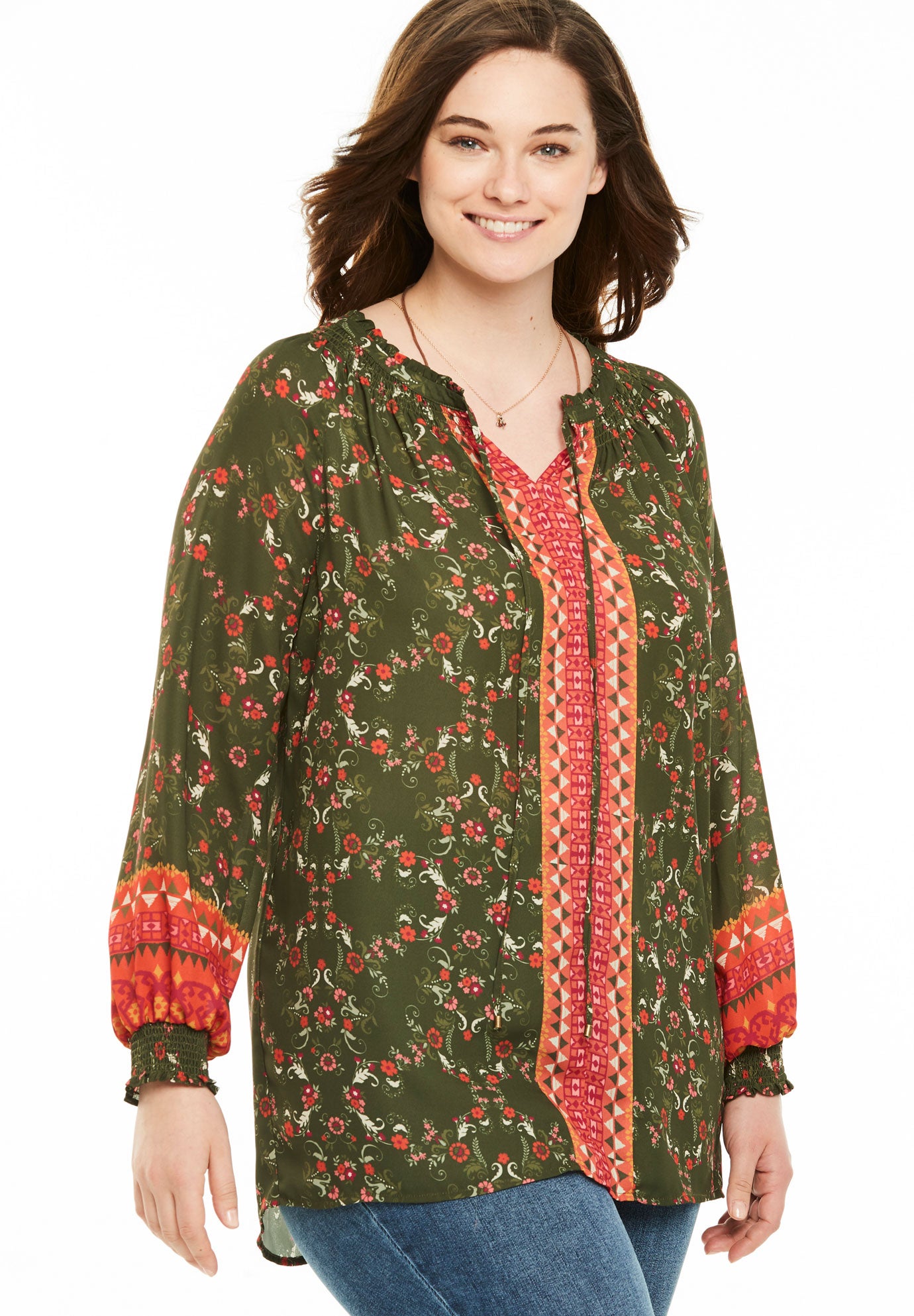 Keyhole Neck Smocked Peasant Blouse Plus Size Shirts & Blouses Full