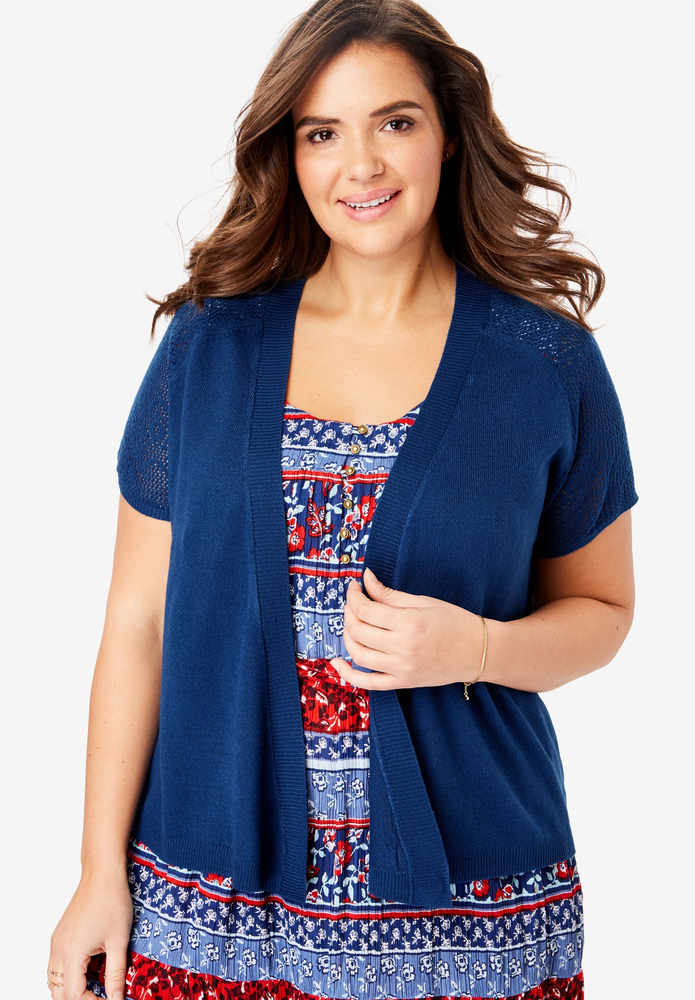 Open Front Short Sleeve Pointelle Cardigan Sweater Fullbeauty Outlet