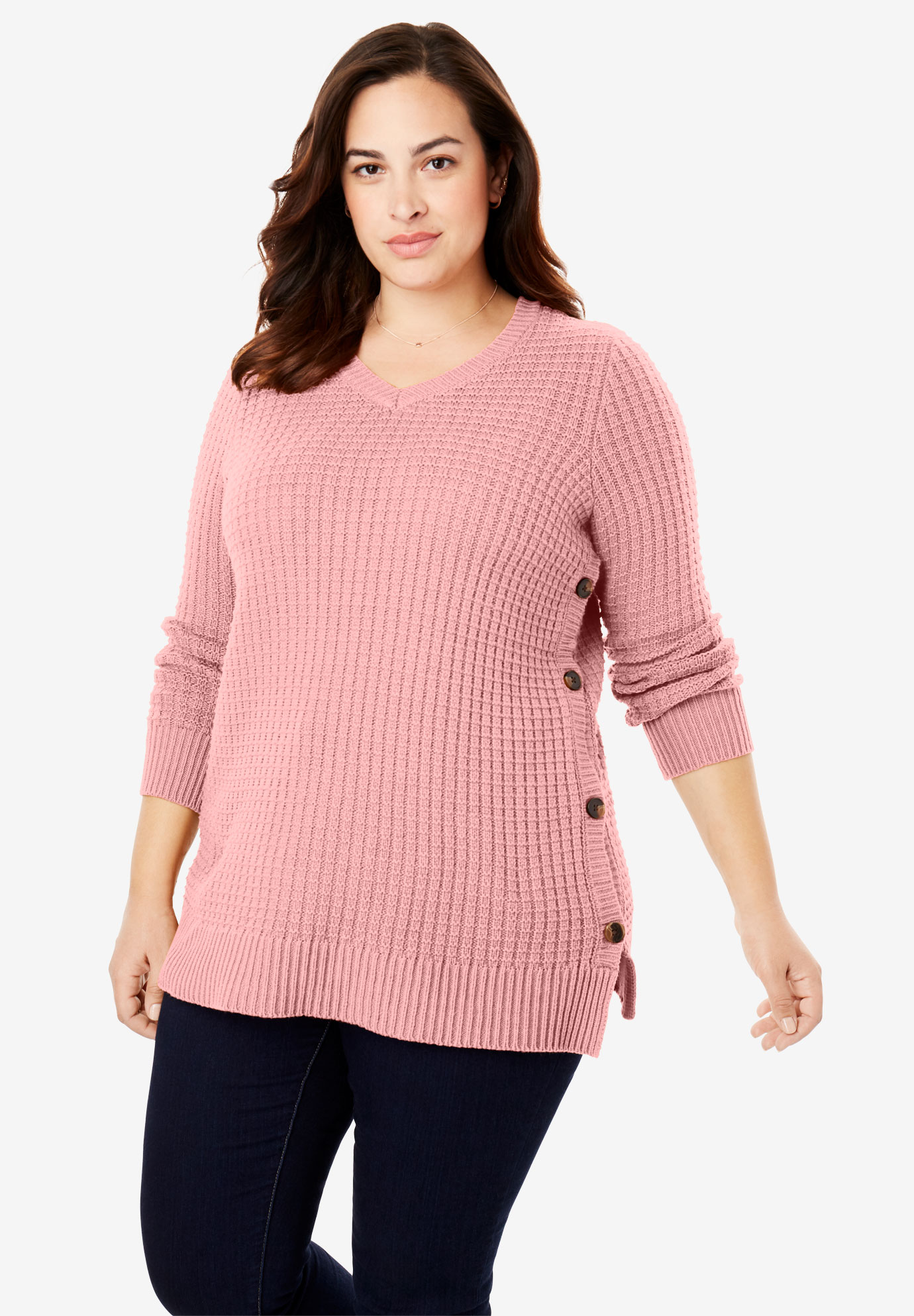 Side Button V-Neck Waffle Knit Sweater | Fullbeauty Outlet