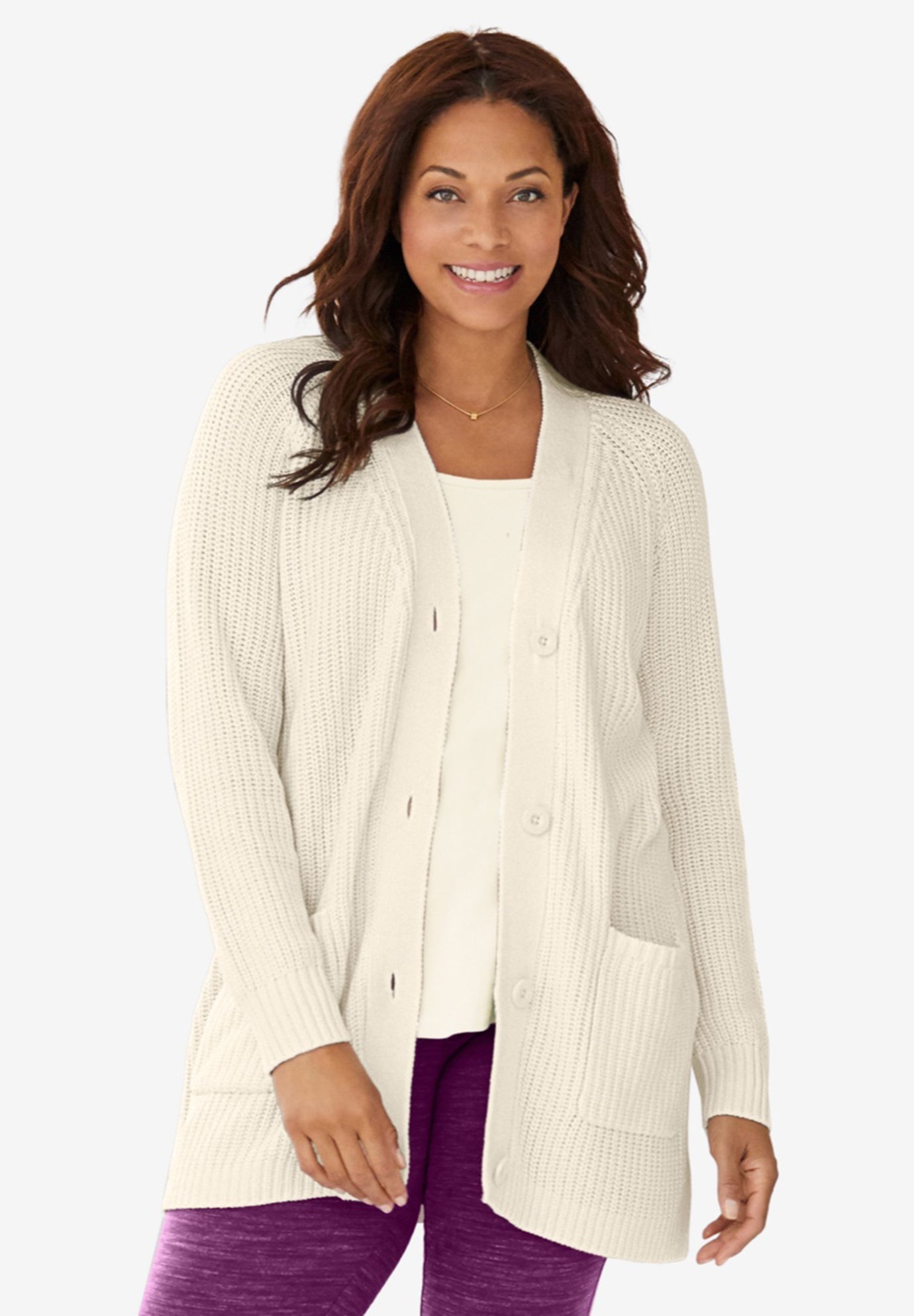 Long-Sleeve Shaker Cardigan Sweater, IVORY