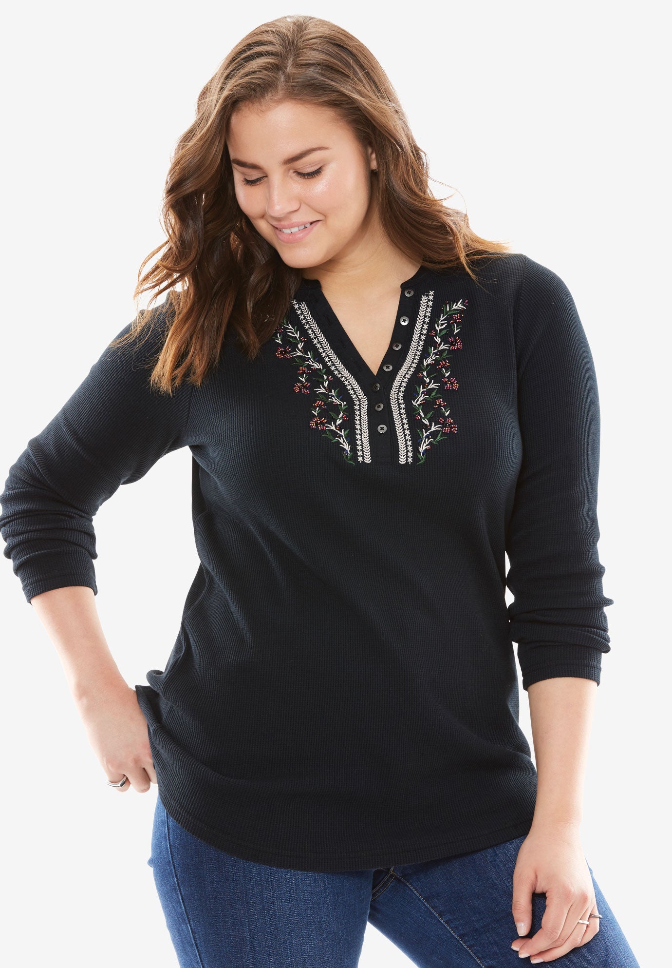 Embroidered Thermal Knit VNeck Henley Plus Size Tops & Tees Fullbeauty