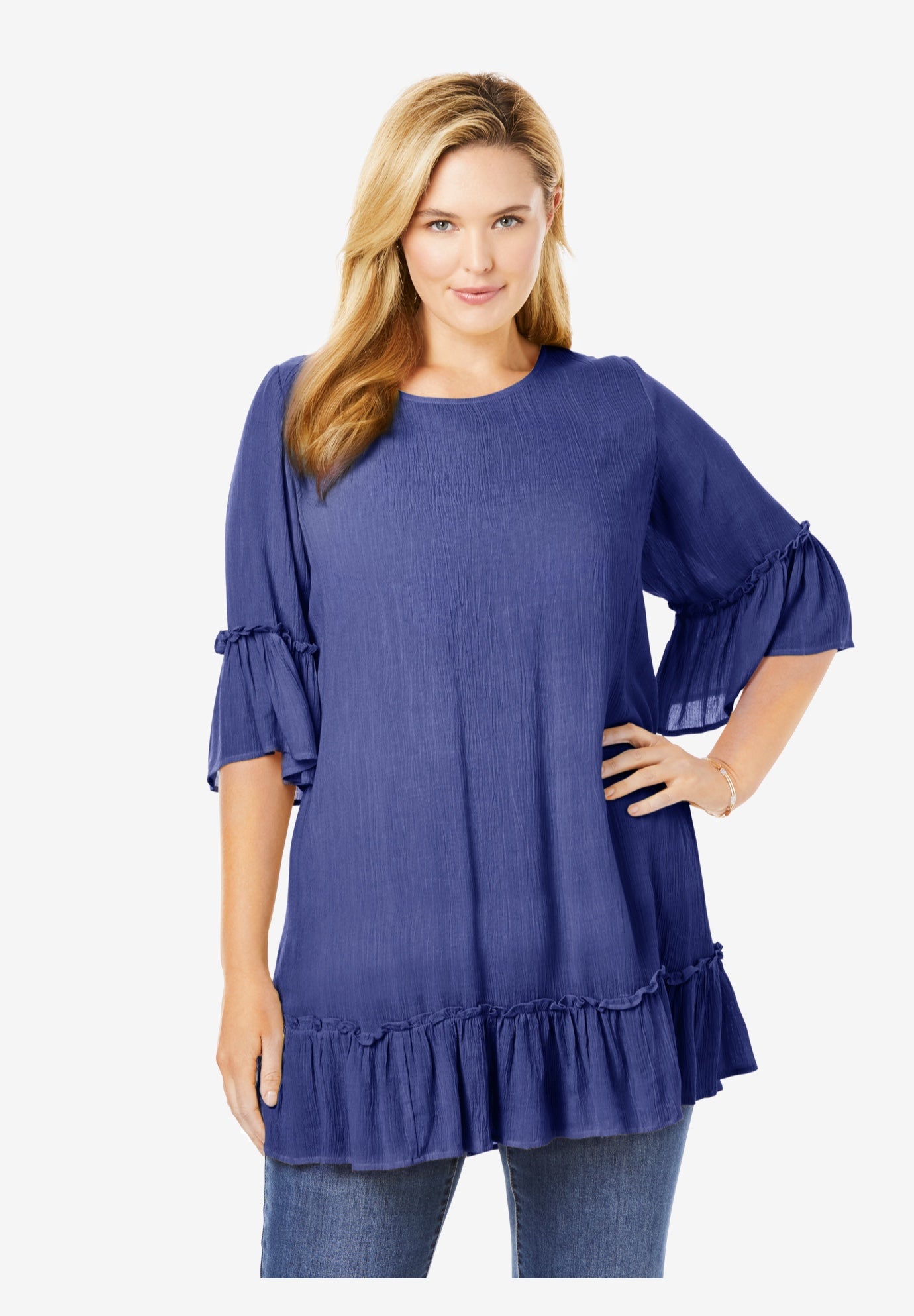 Crinkle Gauze Flounced Tunic Plus Size 30 Inches Long Full Beauty