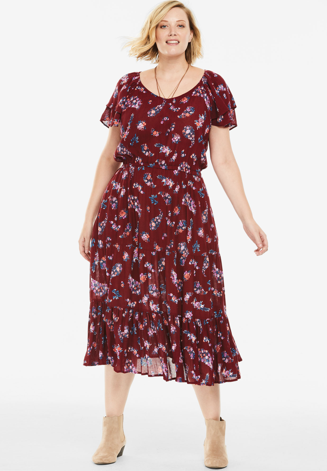Flutter Sleeve Tiered Crinkle Dress| Plus Size Casual Dresses | Fullbeauty